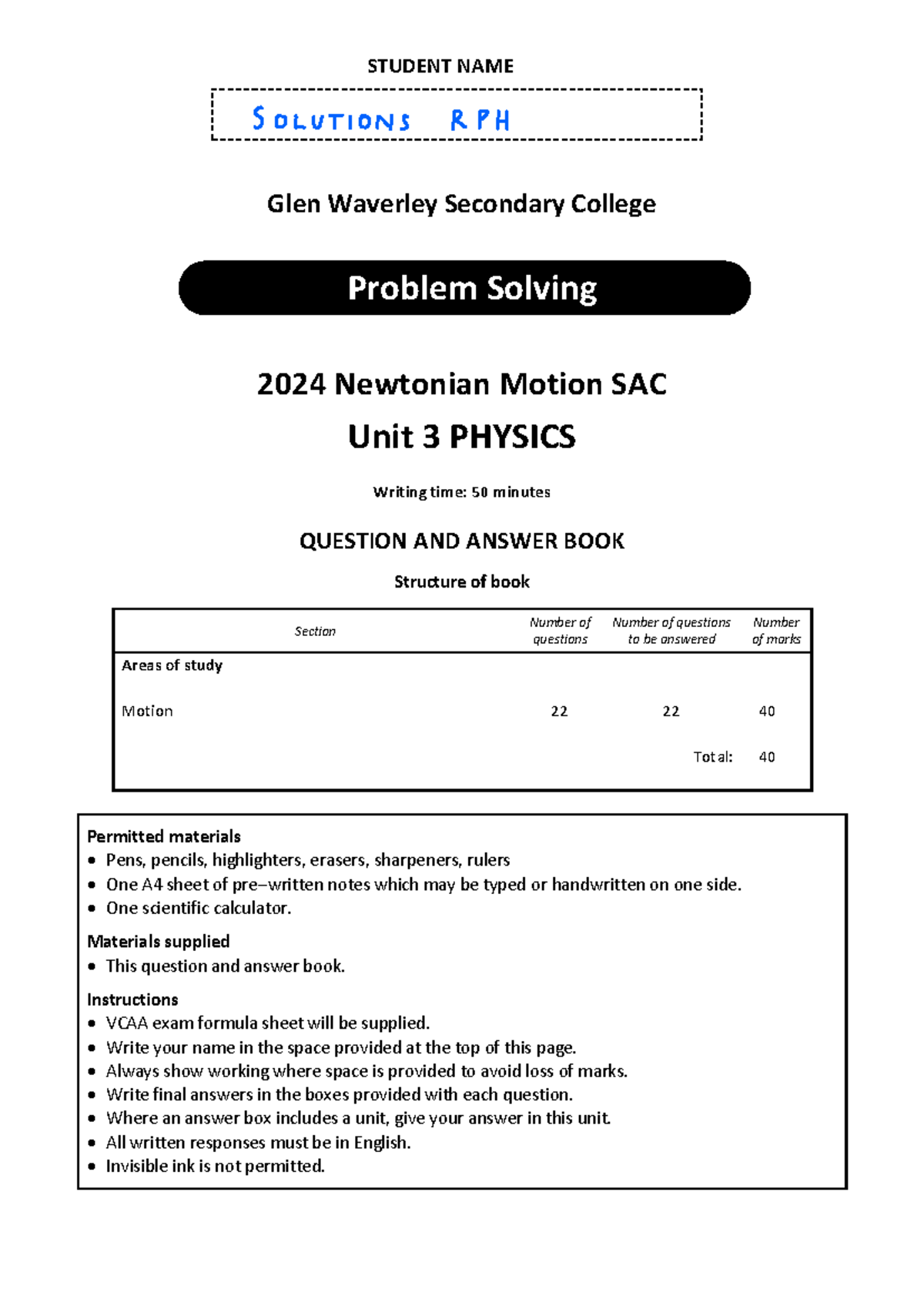 2024 Unit 3 PHYSICS SAC 1 Revision - Motion Solutions - Studocu