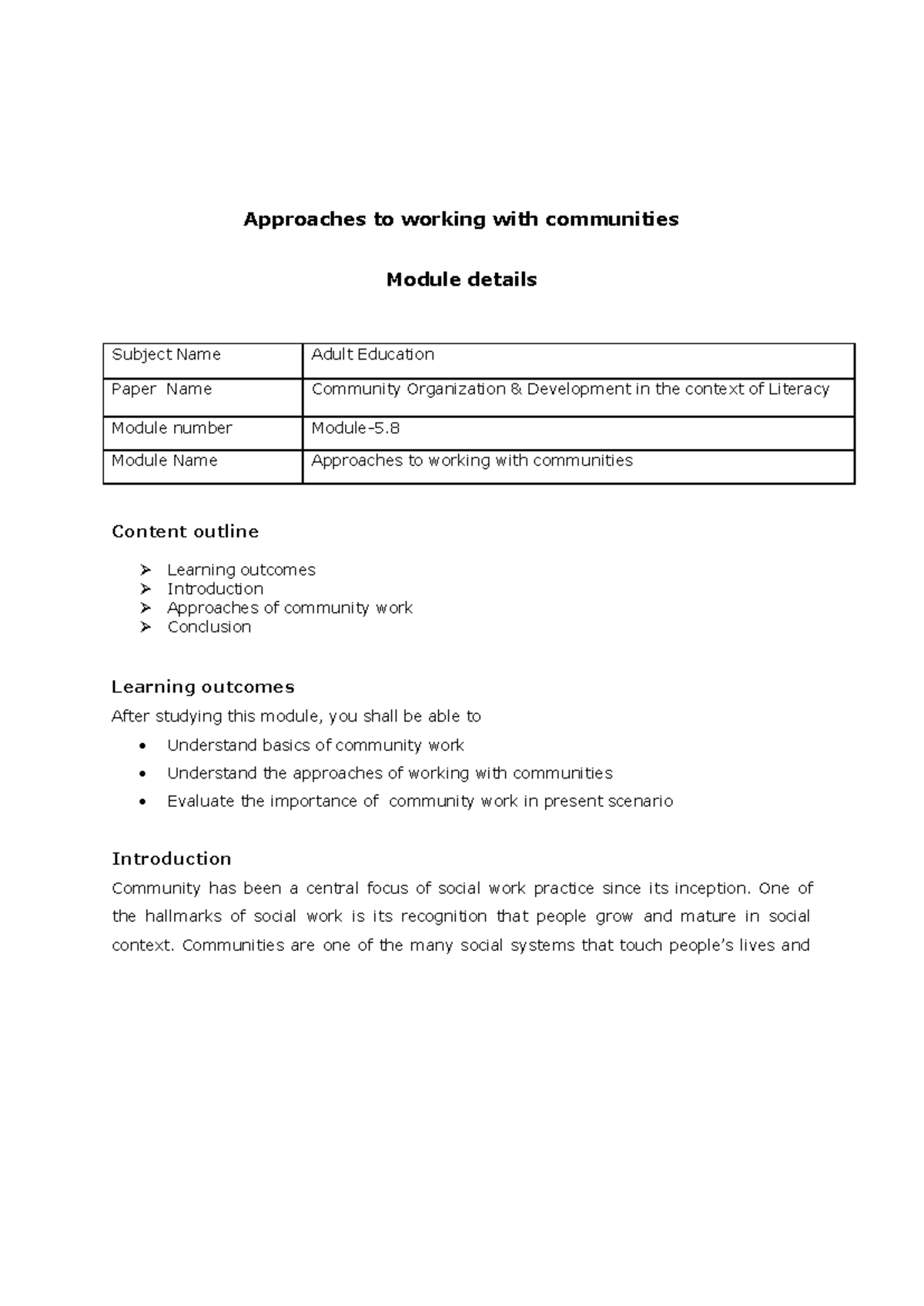 Module-5: Approaches to Community Work in Adult Education - Studocu