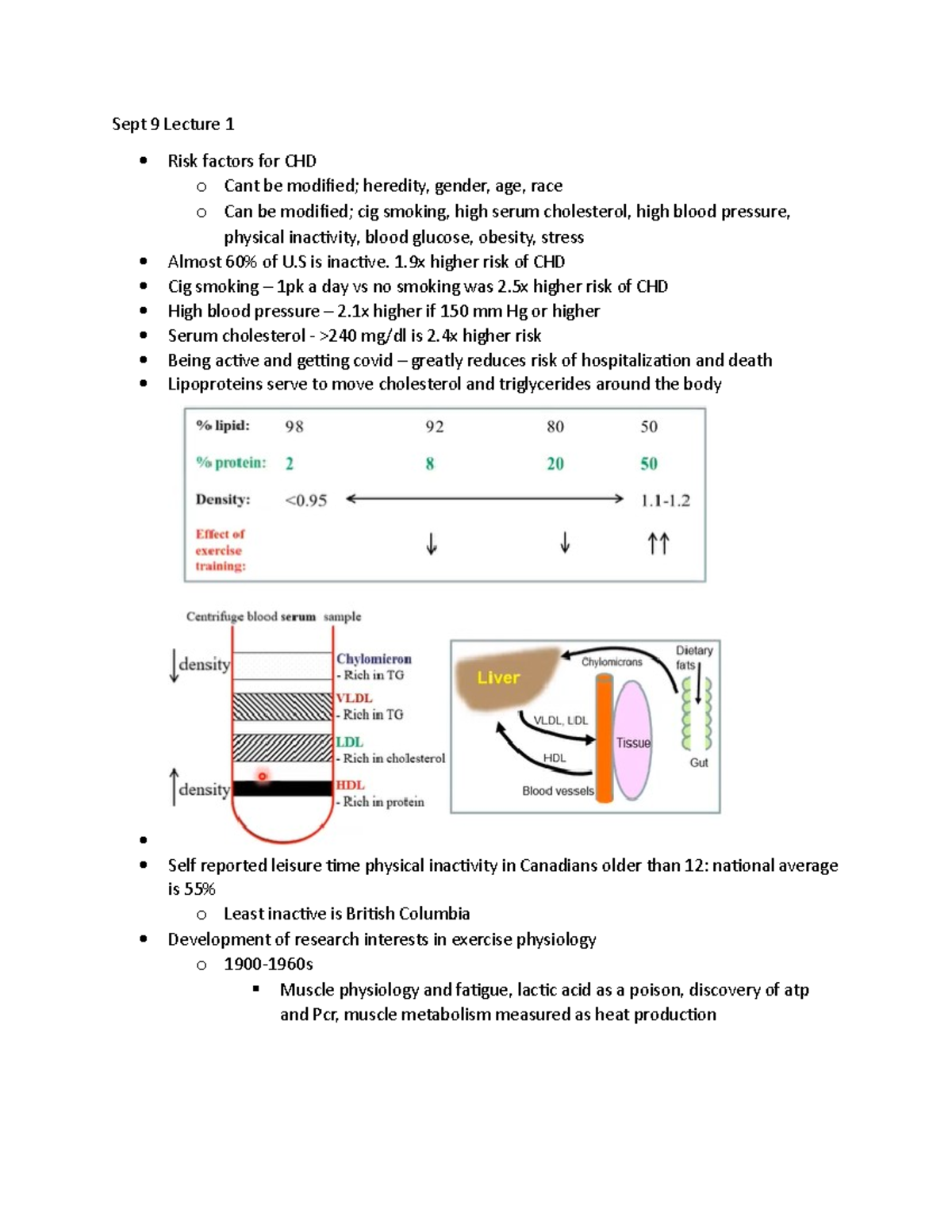 Kine 4010 notes - Sept 9 Lecture 1 Risk factors for CHD o Cant be ...