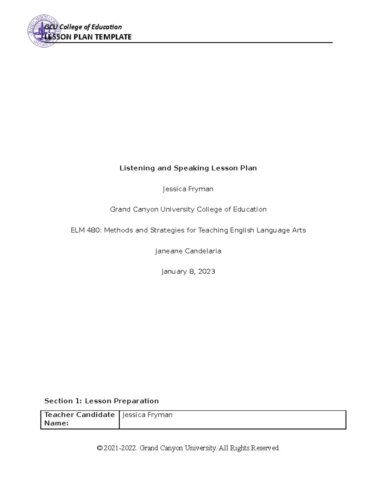 ELM 480: Listening and Speaking Lesson Plan for 2nd Grade - Studocu