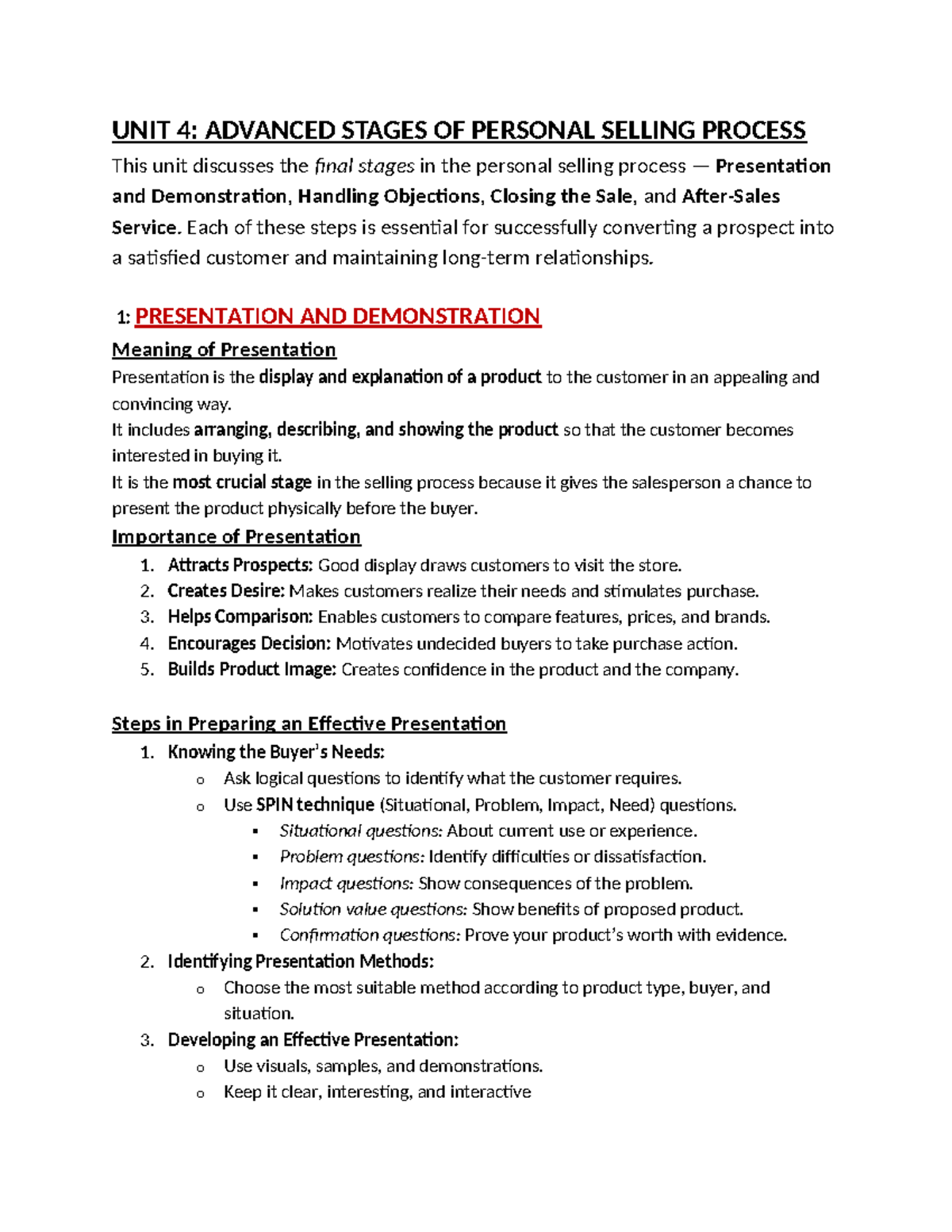 Notes on UNIT 4: Advanced Stages of Personal Selling Process - Studocu