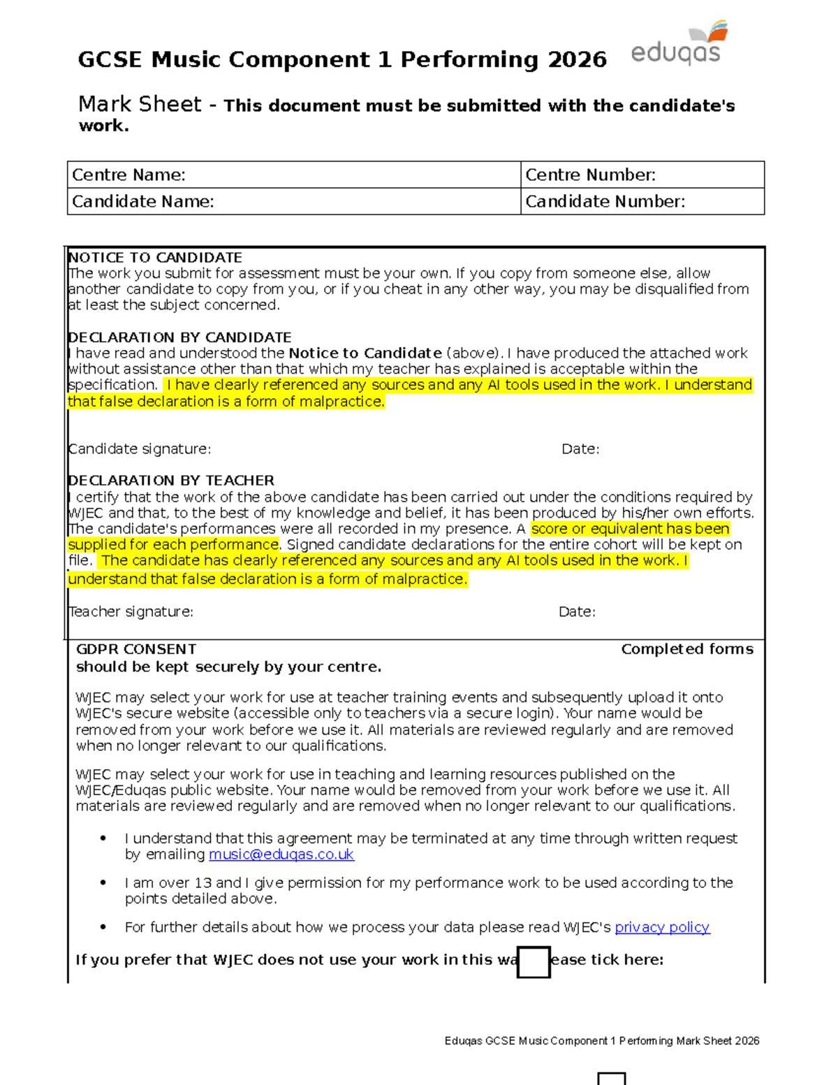 Eduqas GCSE Music Component 1 Performing Mark Sheet 2026 - Studocu