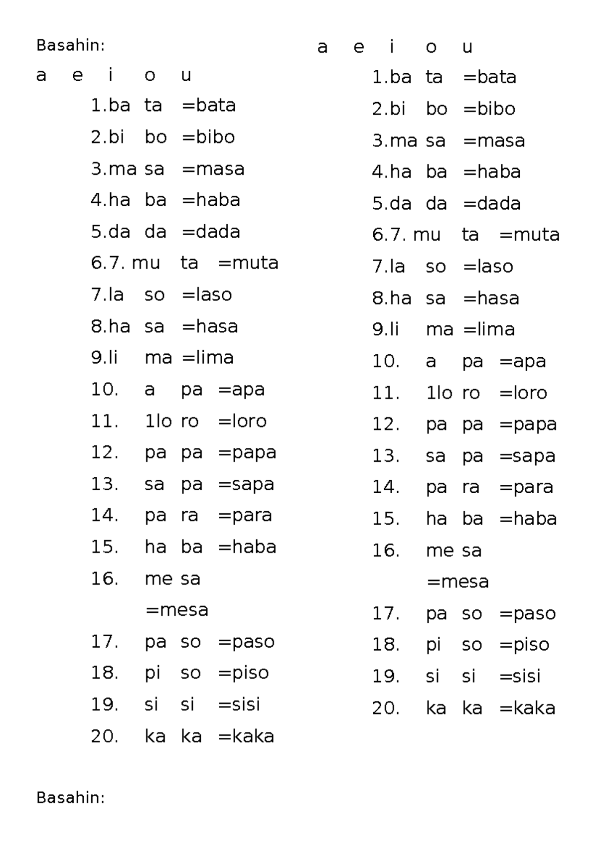 Basahin - read - Basahin: a e i o u 1 ta =bata 2 bo =bibo 3 sa =masa 4 ...