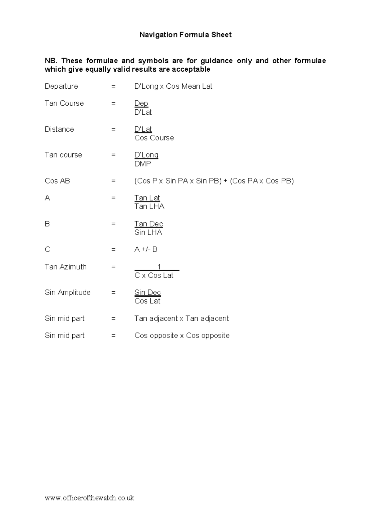 443581788 Formula Sheet Navigation pdf - Navigation Formula Sheet ...