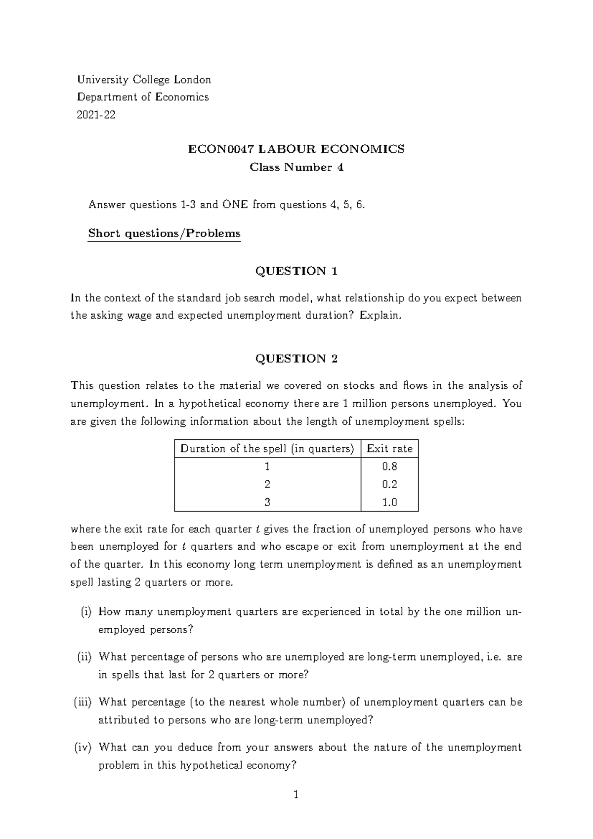 ECON0047 Assignment 8.5: Labour Economics Problem Set & Essay Questions ...