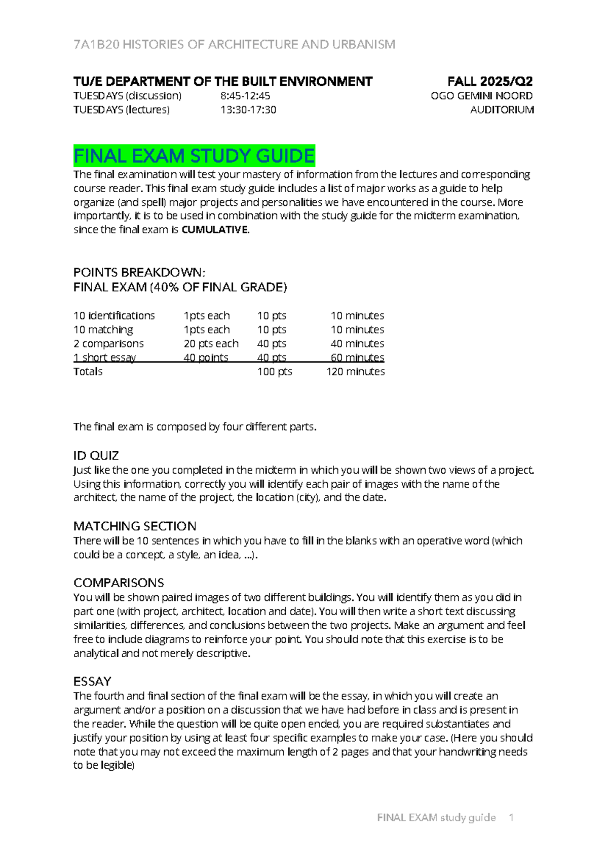 7A1B20 FINAL EXAM STUDY GUIDE: ARCHITECTURE & URBANISM - Studeersnel