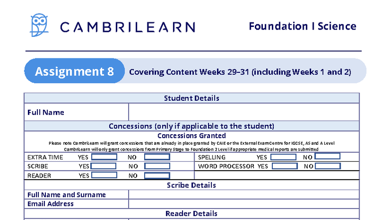 Foundation I Science Assignment 8: Weeks 1-2 Overview and Details - Studocu