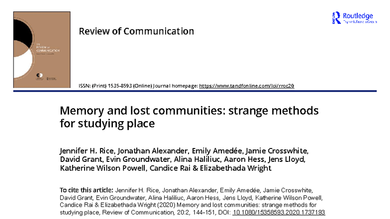 Memory and Lost Communities: Exploring Place through Rhetoric - Studocu