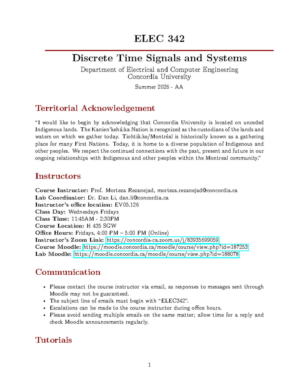 ELEC 342 - Discrete Time Signals & Systems Syllabus - Summer 2026 - Studocu