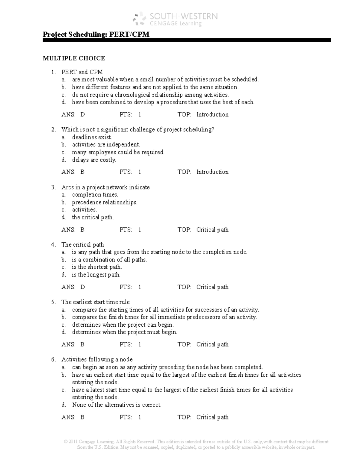 Project Scheduling Test Bank: PERT/CPM Multiple Choice Questions - Studocu