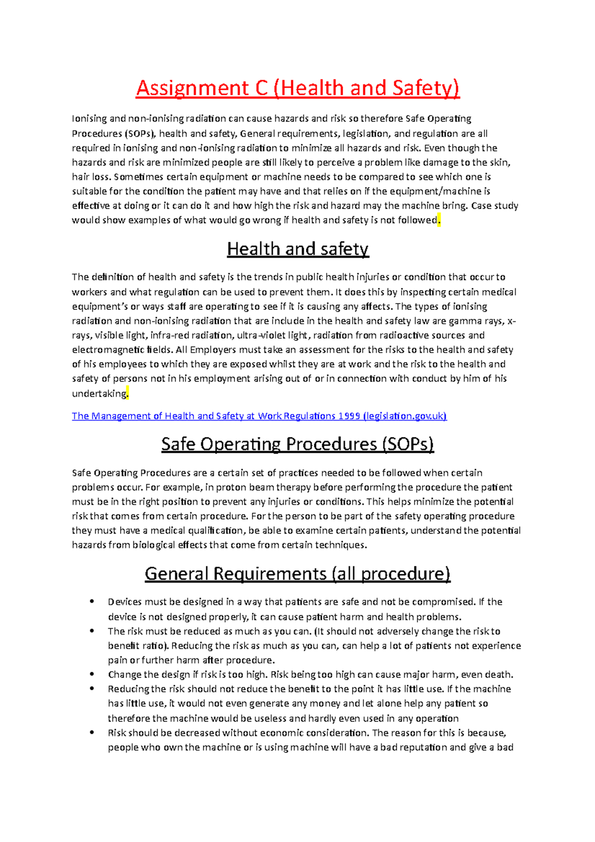 Assignment C: Health and Safety Regulations for Radiation Procedures ...
