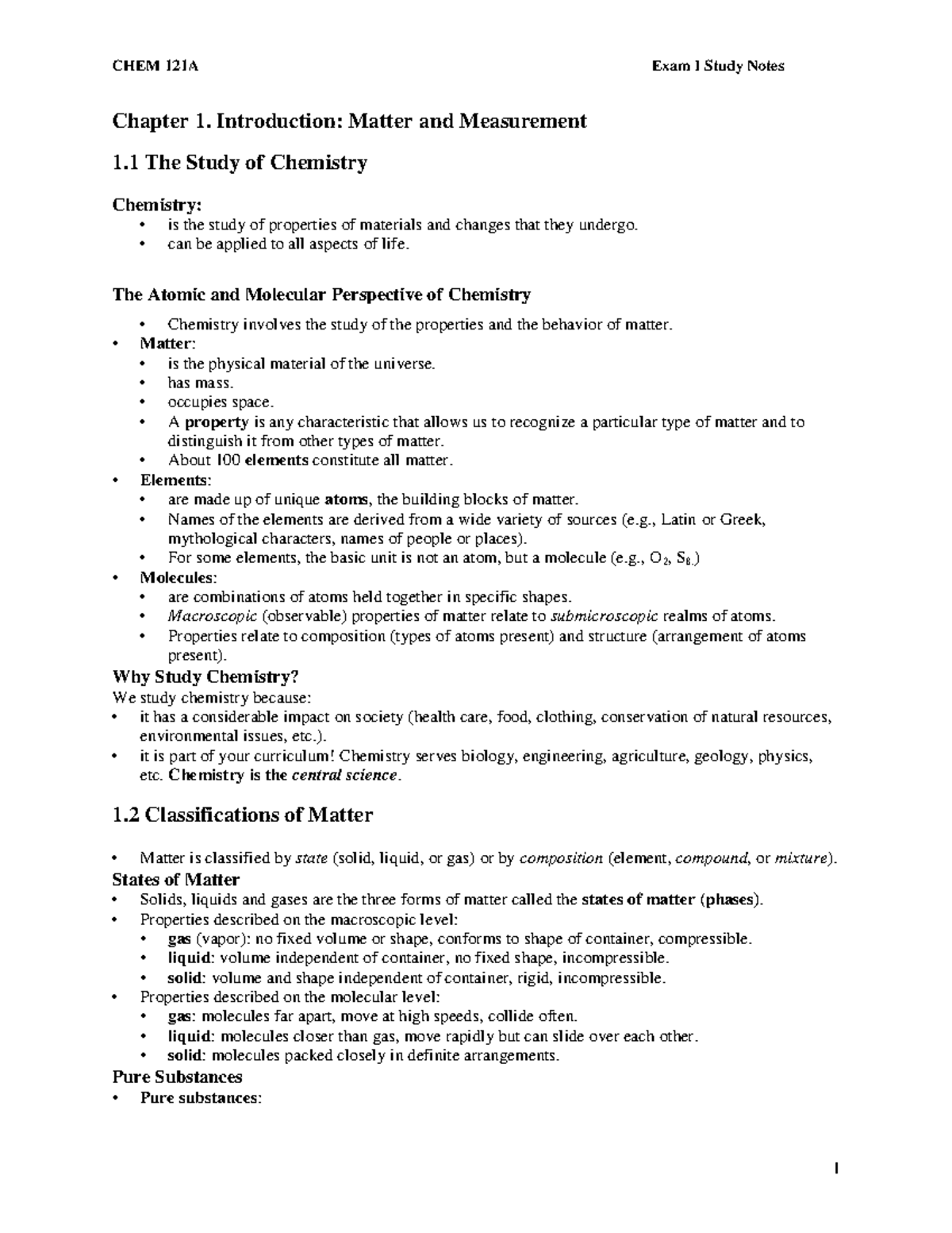 Chem 121 Study Guide 1 - Lecture Notes Overview on Matter & Measurement ...