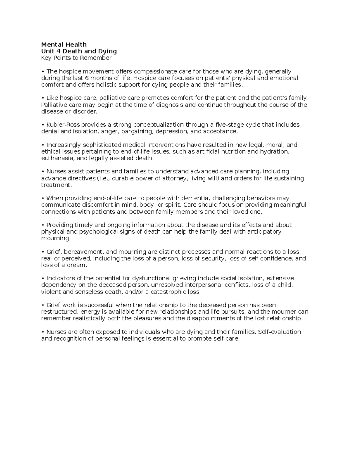 MH 4: Key Points on Death and Dying in Mental Health Care - Studocu