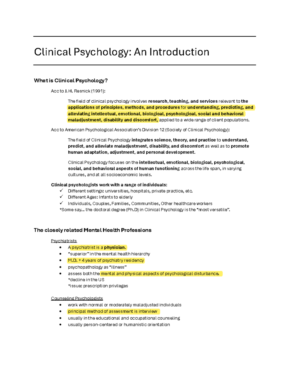 Clinical Psychology: An Introductory Overview and Key Concepts - Studocu
