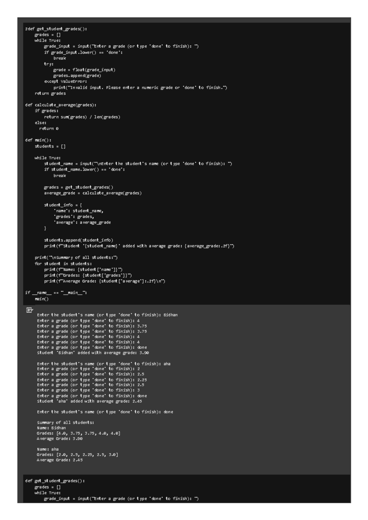 Untitled 1.ipynb - Colab - 2def get_student_grades(): grades while True ...