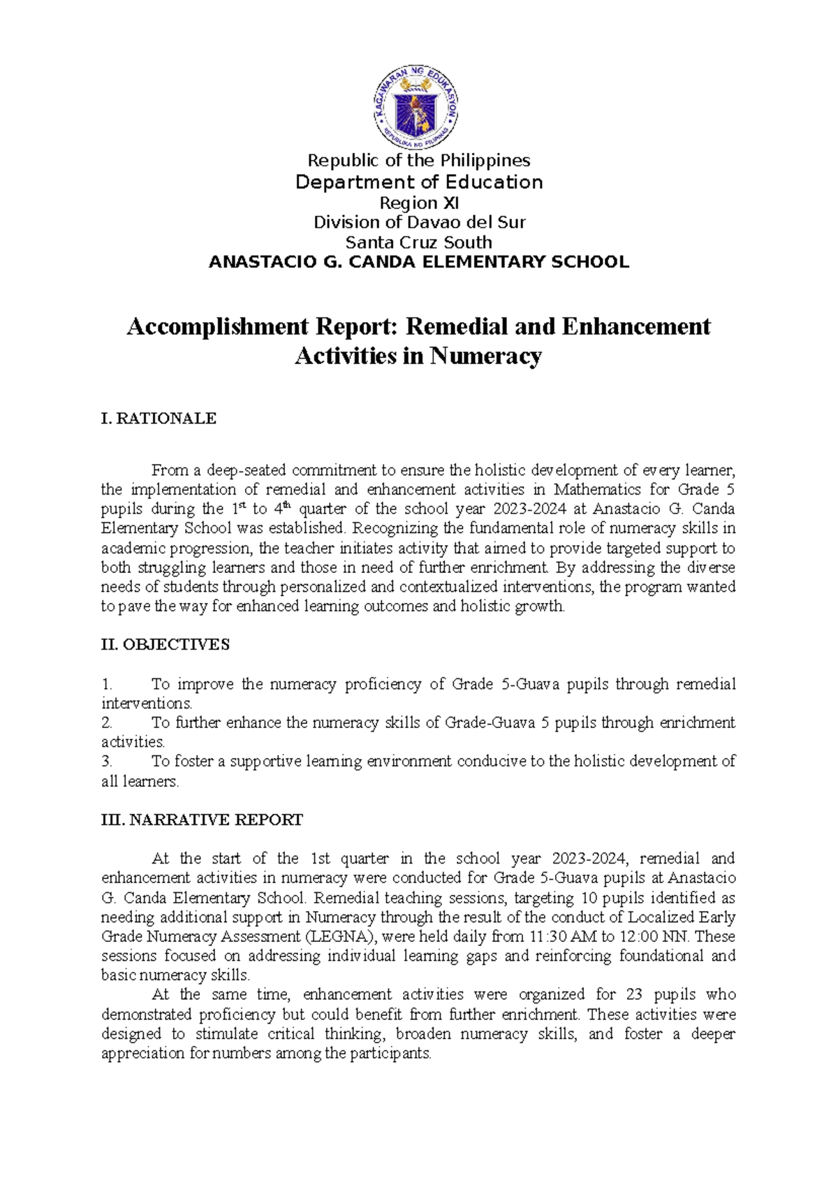 Accomplishment Report IN Enrichment AND Remedial - Republic of the ...