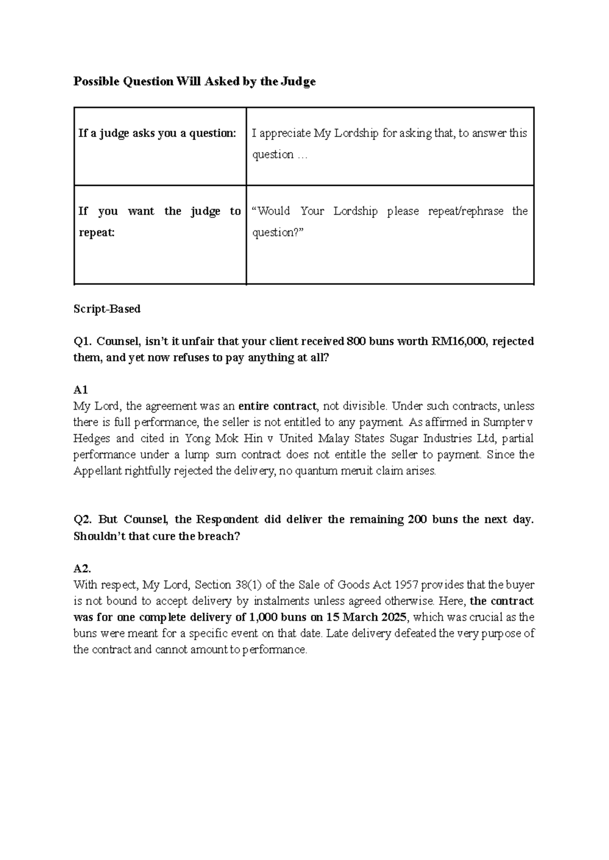 Possible Questions for Judge: Legal Insights and Responses - Studocu