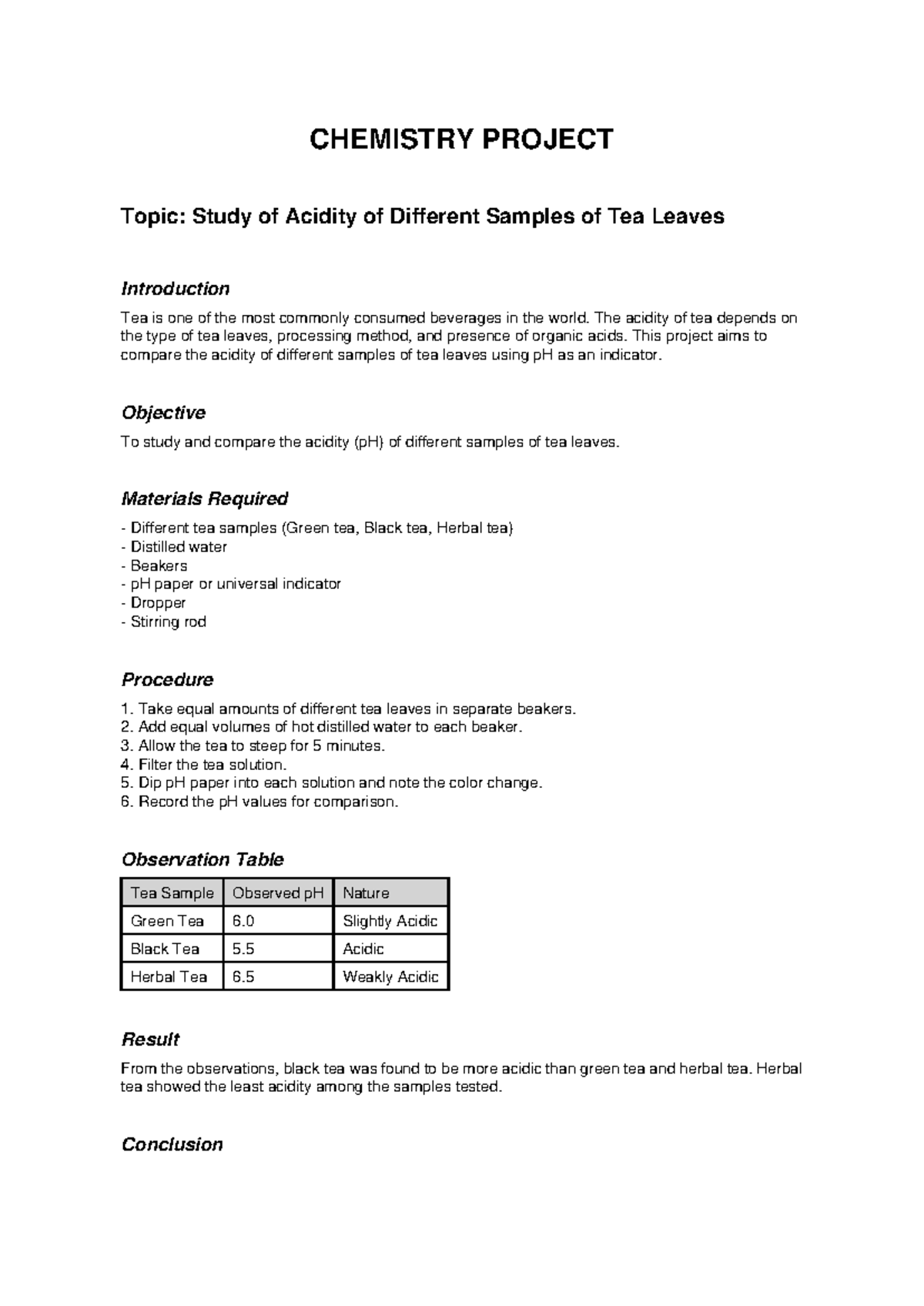 CHEMISTRY PROJECT: Acidity Comparison of Tea Leaves Samples - Studocu
