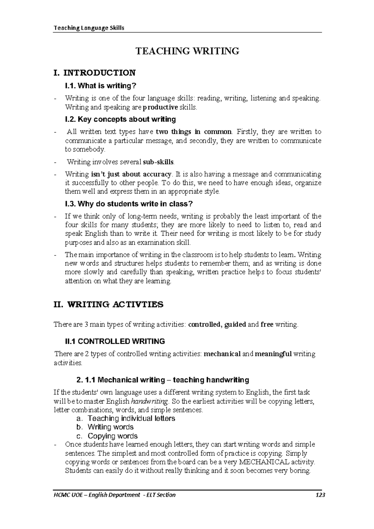 Teaching Writing Skills: An Overview for ELT2 Course - Studocu