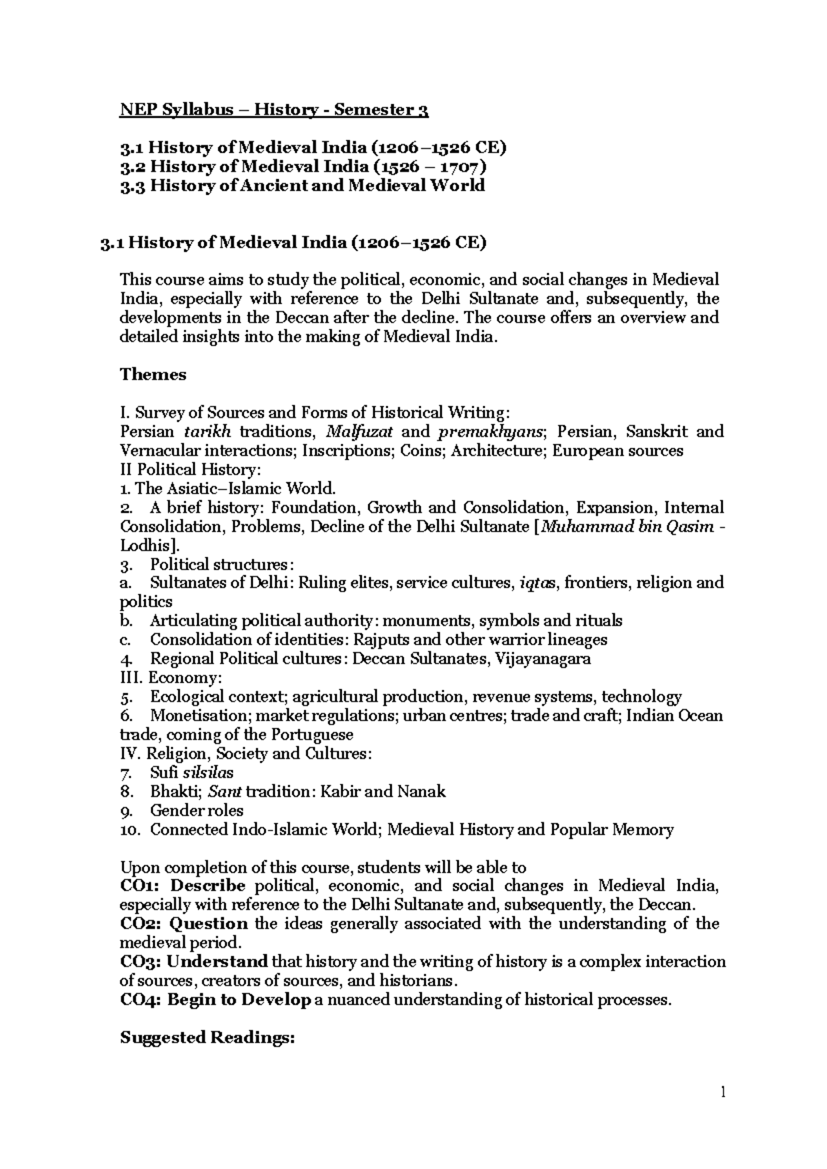 NEP Syllabus: History of Medieval India - Semester 3 Insights - Studocu