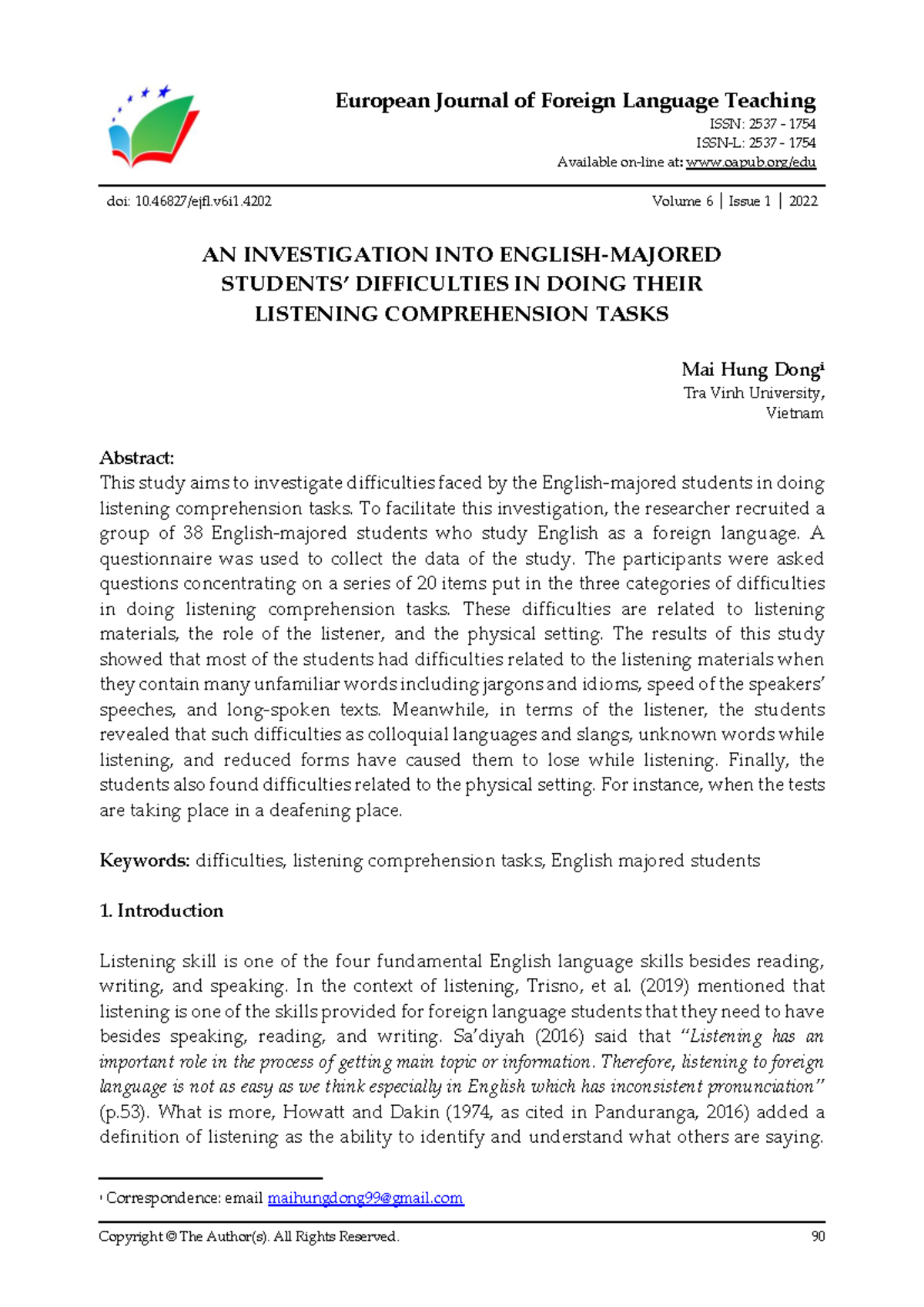 Investigation of Listening Comprehension Difficulties in EFL Students ...