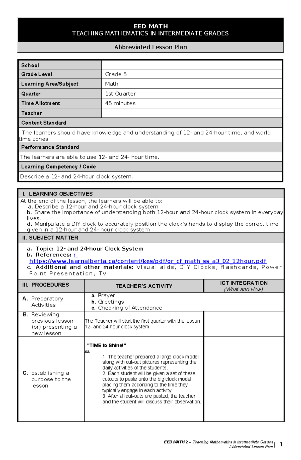 EED MATH 2 Abbreviated Lesson Plan: Understanding Time Systems in Grade ...