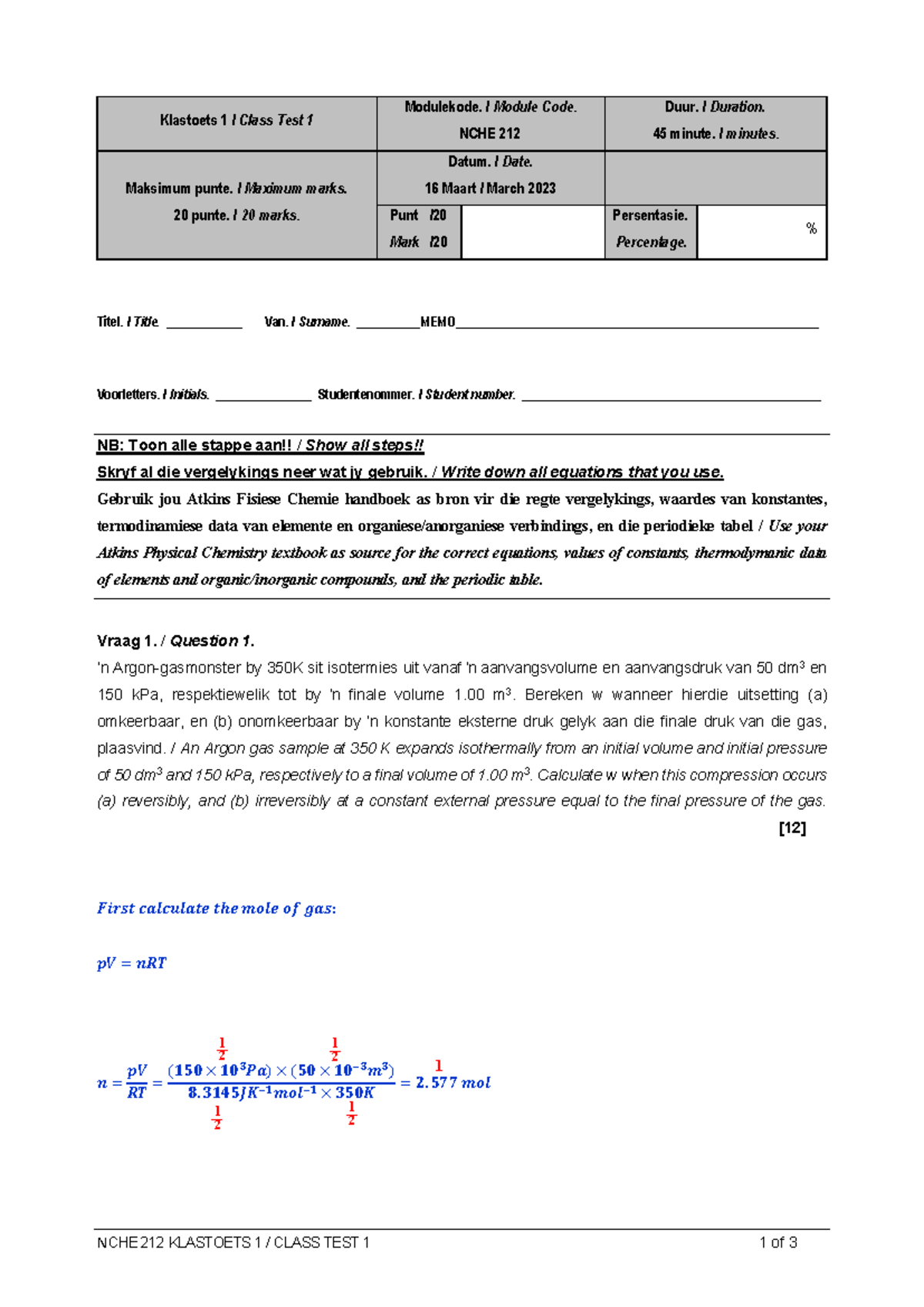 Memo Class Test 1 - nche 212 - NCHE 212 KLASTOETS 1 / CLASS TEST 1 1 of ...