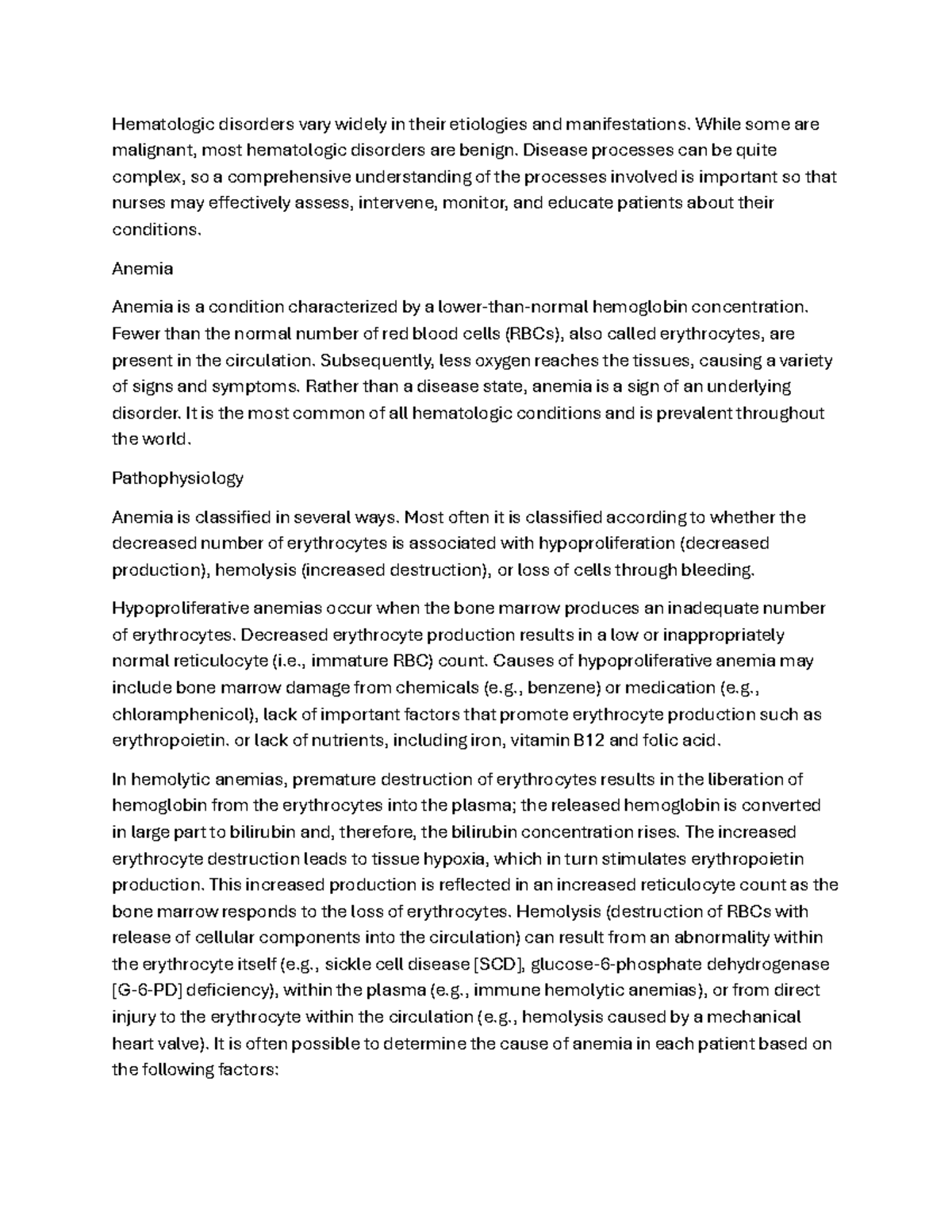 Chp 29 - Hematologic Disorders: Anemia and Its Management - Studocu