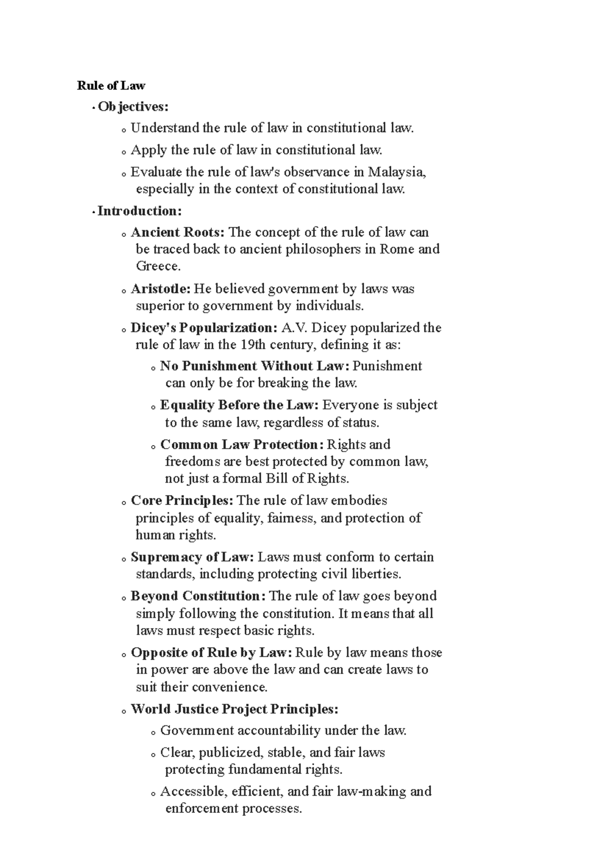 Pdf rule of law - notes - Rule of Law • Objectives: o Understand the ...