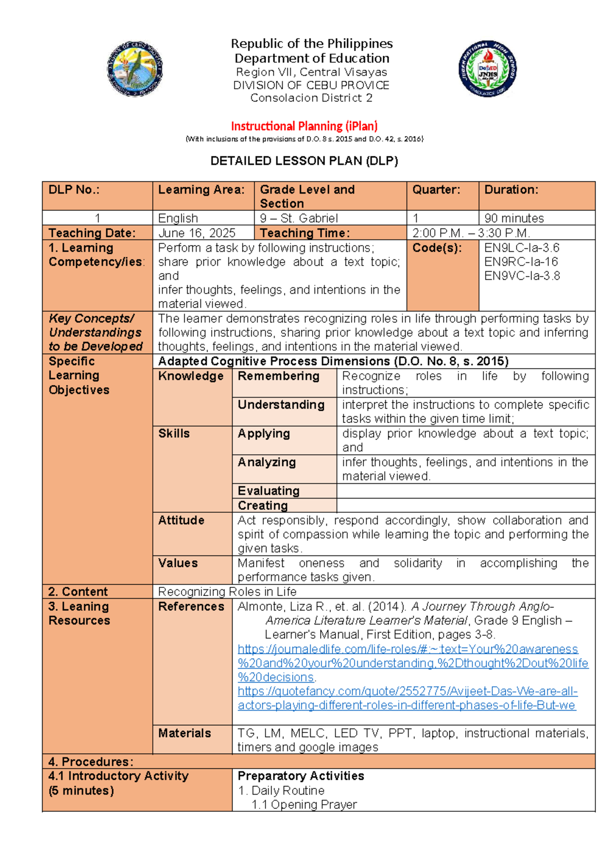 DLP 1: Recognizing Life Roles in English 9 - Detailed Lesson Plan - Studocu