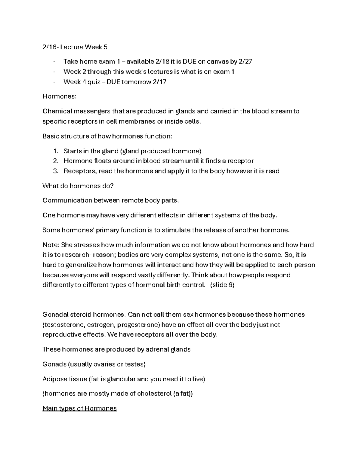 GWS 2.16 Lecture: Hormones and Their Functions - Week 5 Exam Review ...