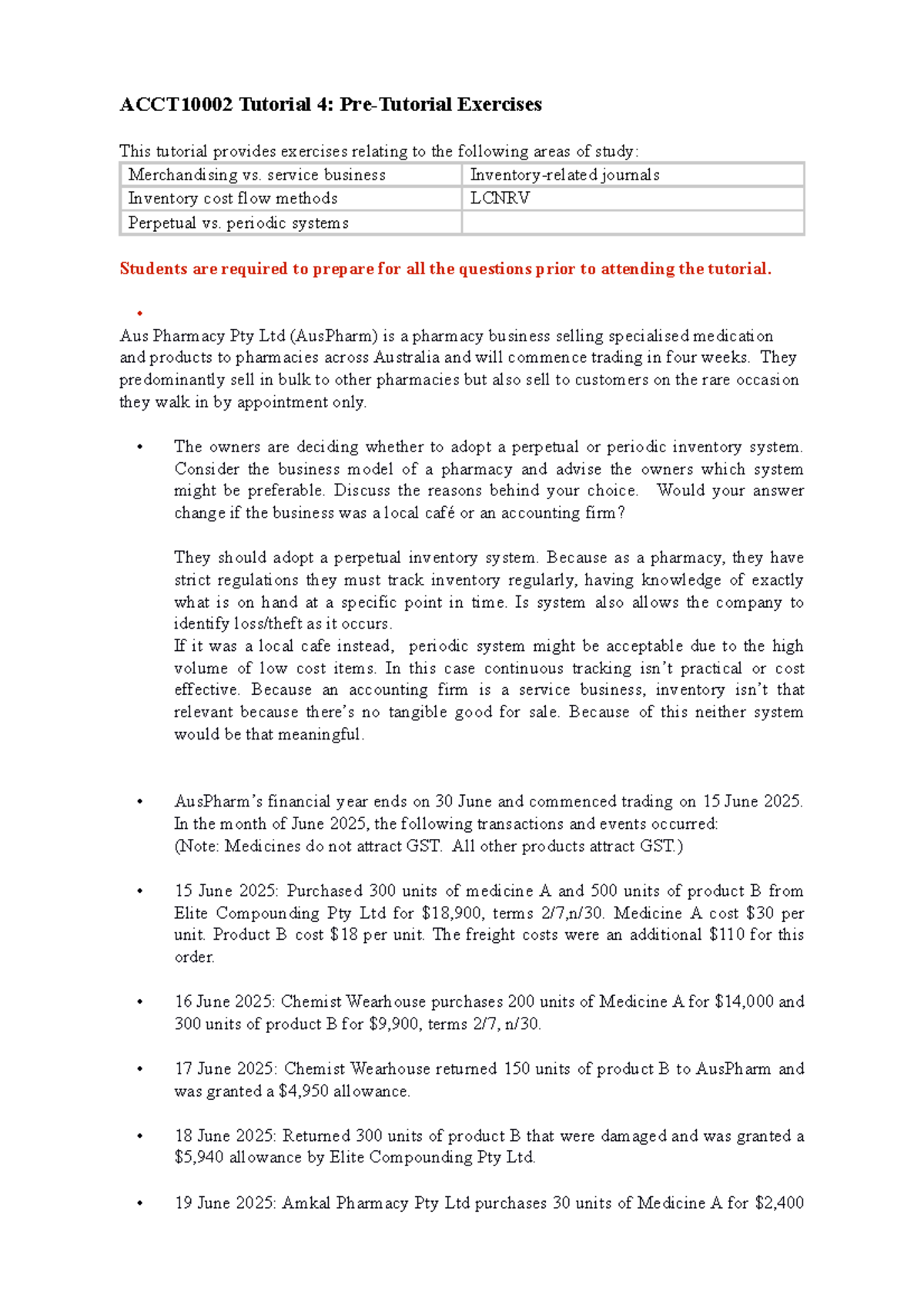 ACCT10002 Tutorial 4: Pre-Tutorial Exercises on Inventory Systems - Studocu