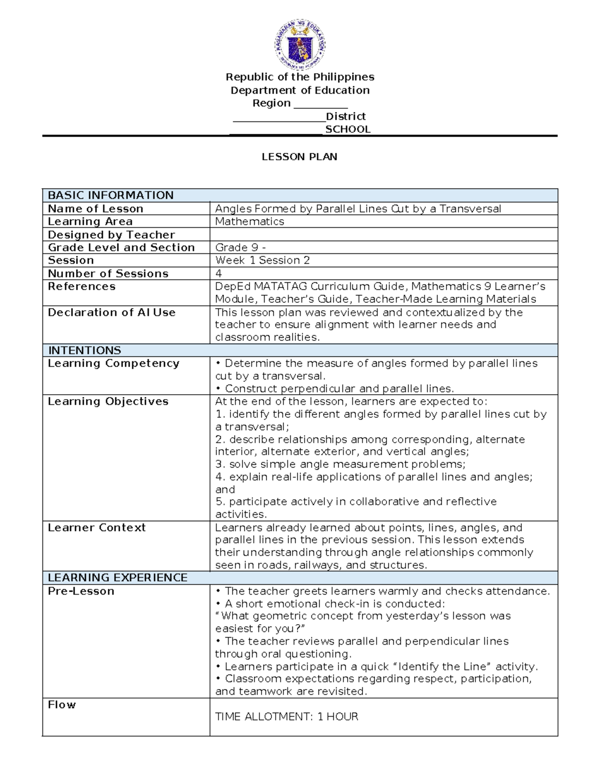 Mathematics 9: Week 1 Session 2 Lesson Plan on Angles and Parallel ...