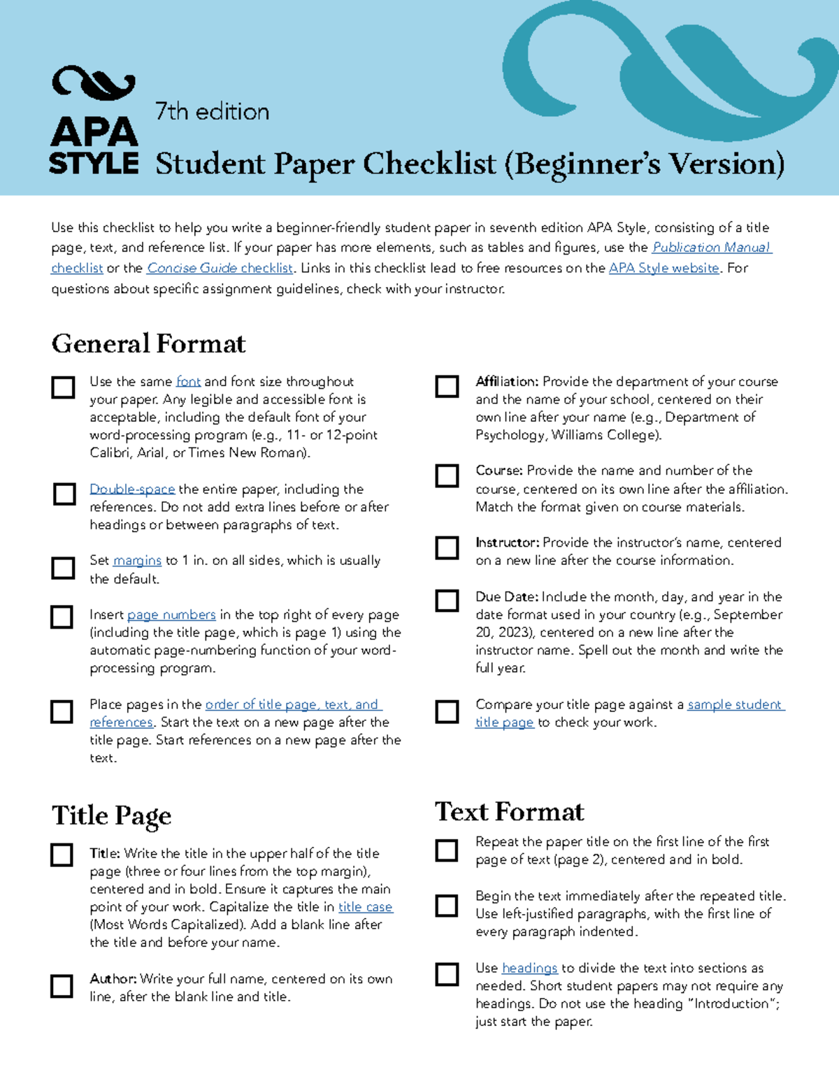 7th Edition APA Style: Beginner Student Paper Checklist - Studocu
