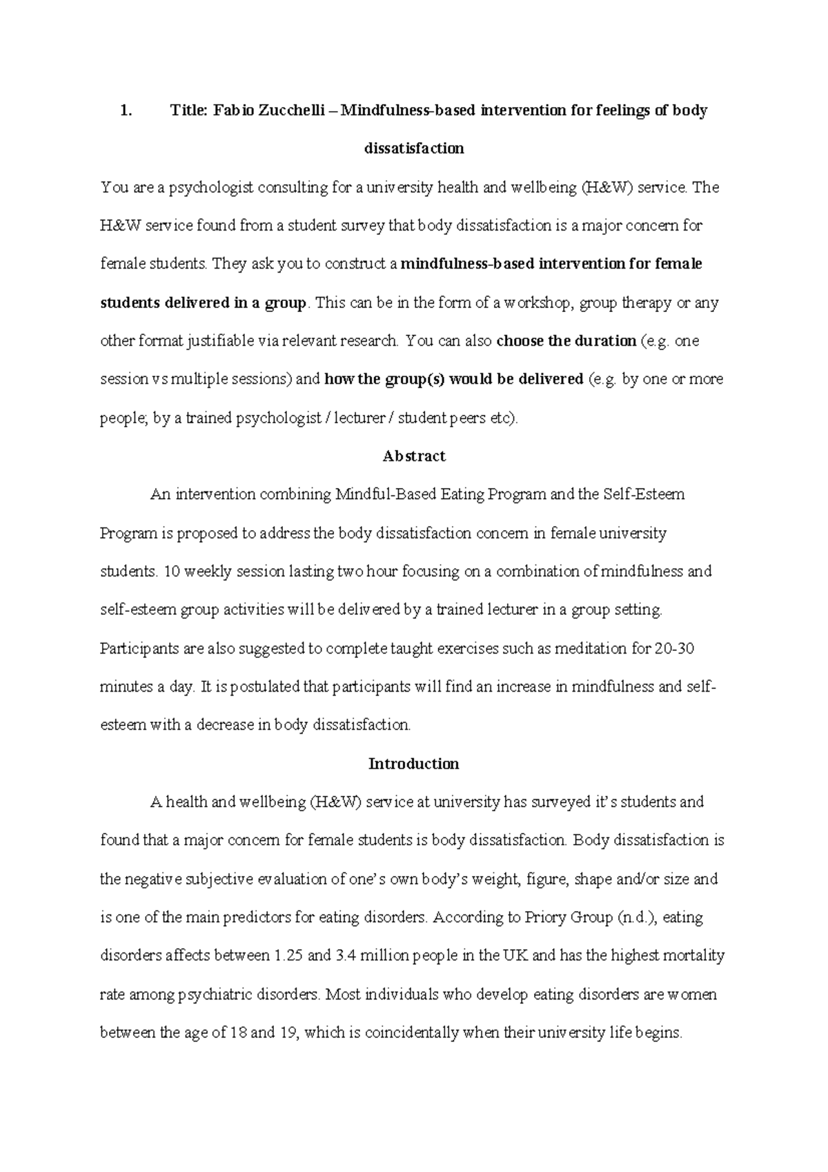 Mindfulness-Based Intervention Proposal for Female Students (PSY 202 ...