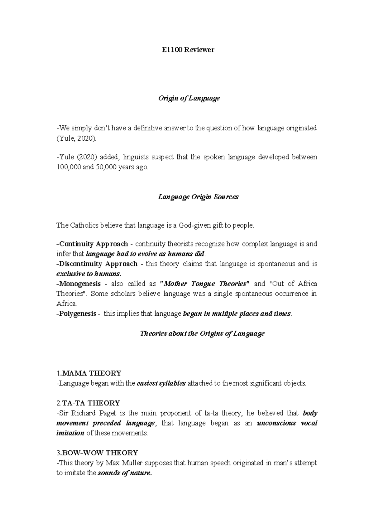 EL-100 Final Exam Reviewer: Language Origins and Linguistic Analysis ...