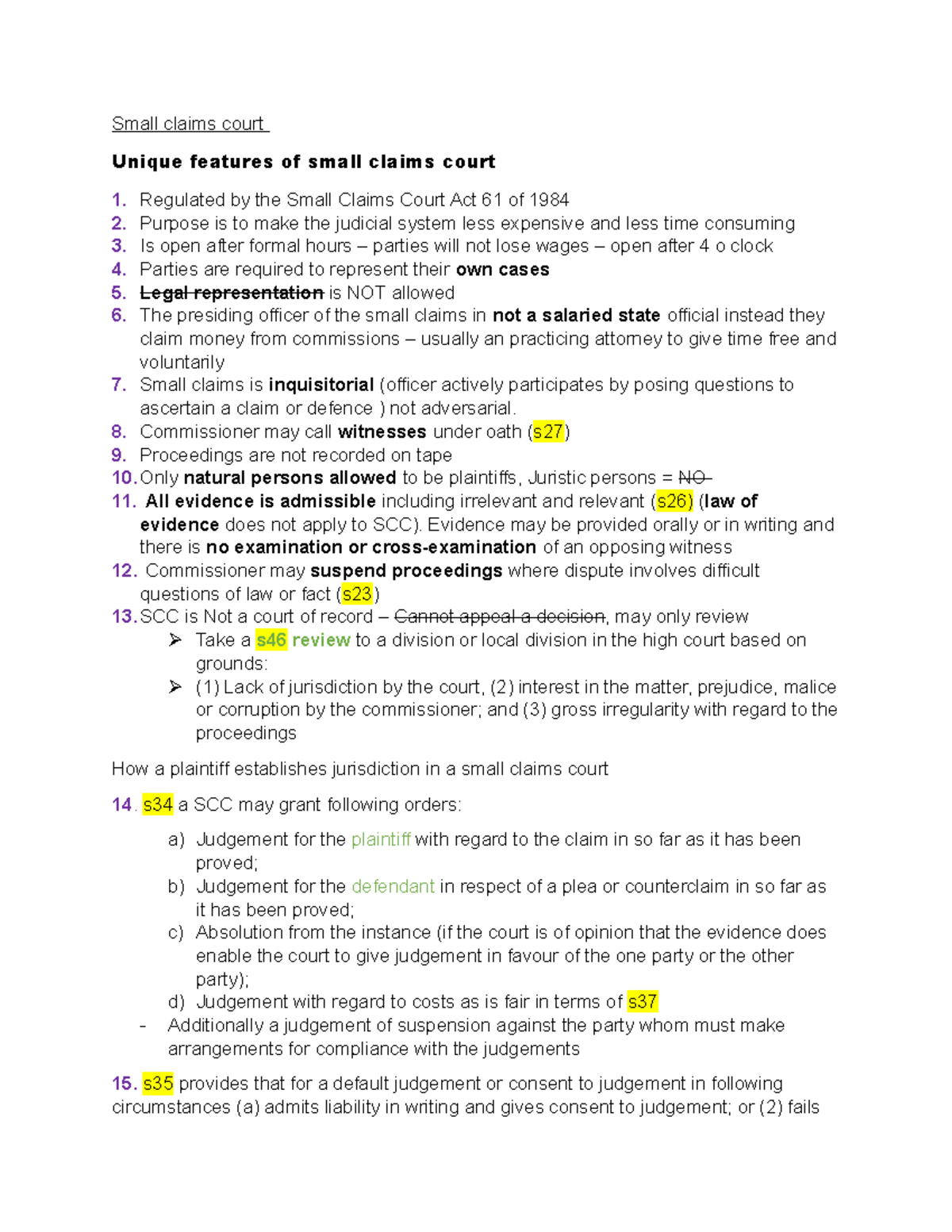 Civil Proc Notes: Overview of Small Claims Court Features - Studocu