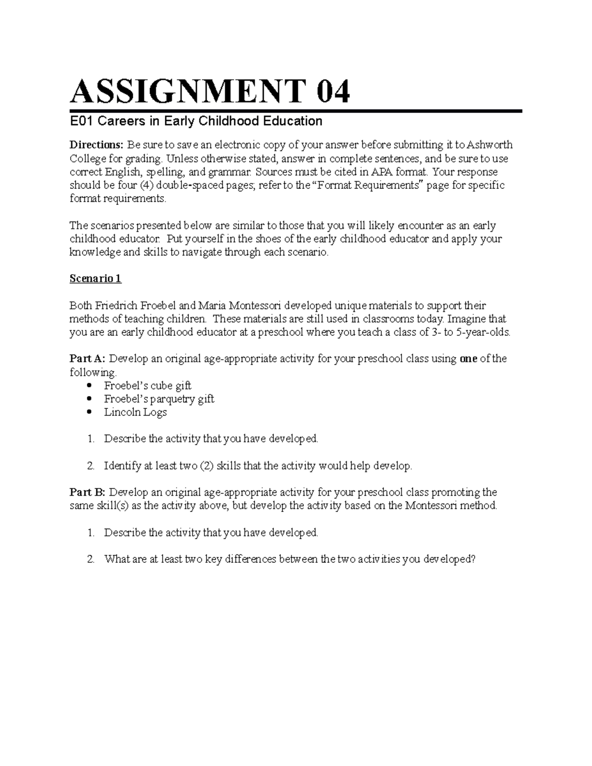 E01G Assignment 04 - Activities for Early Childhood Educators - Studocu