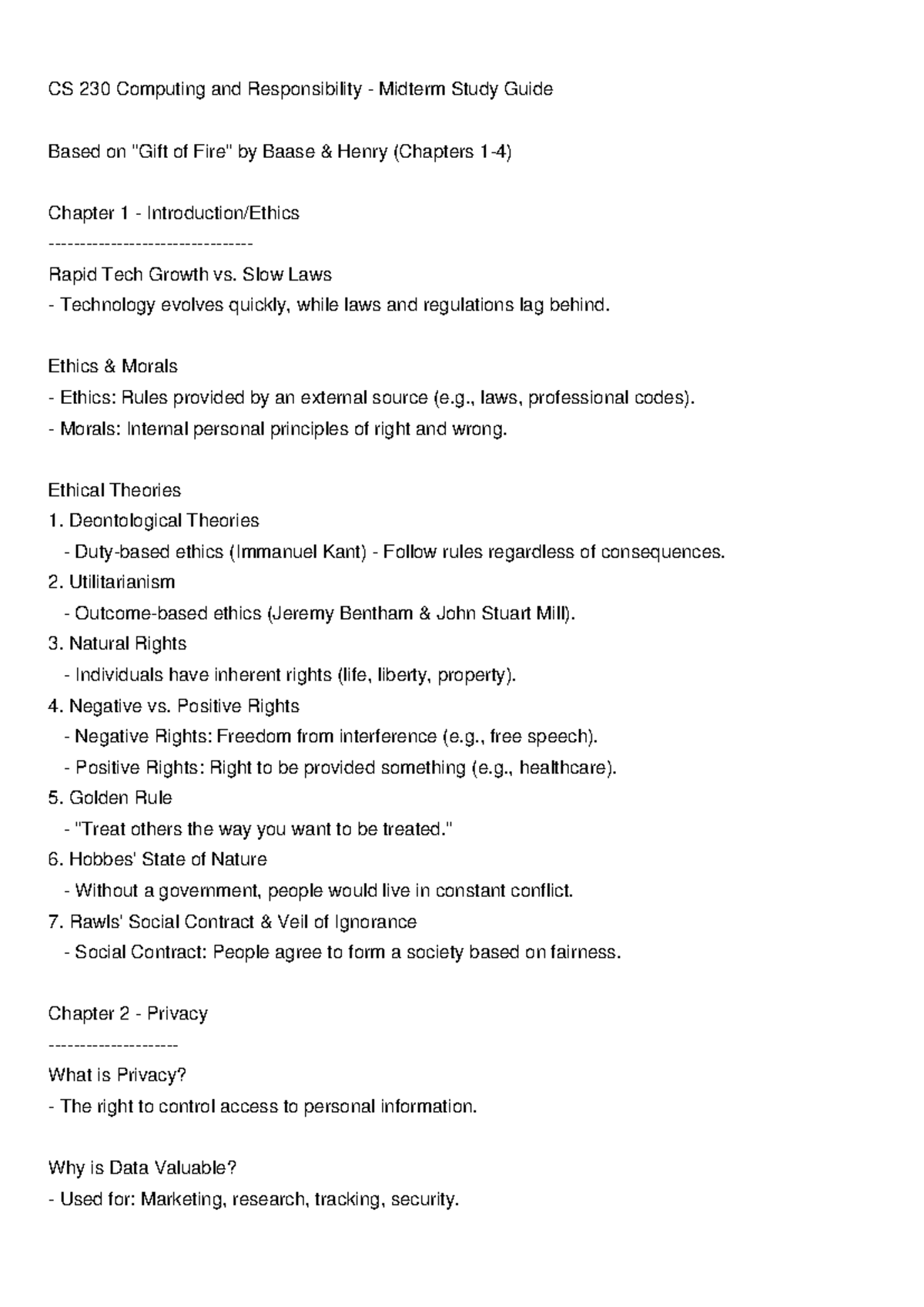 CS 230 Computing and Responsibility - Midterm Study Guide (Chapters 1-4 ...