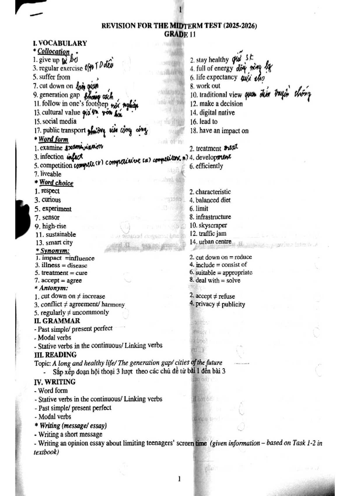 Revision for Midterm Test: Grade 11 Vocabulary & Grammar (E11) - Studocu