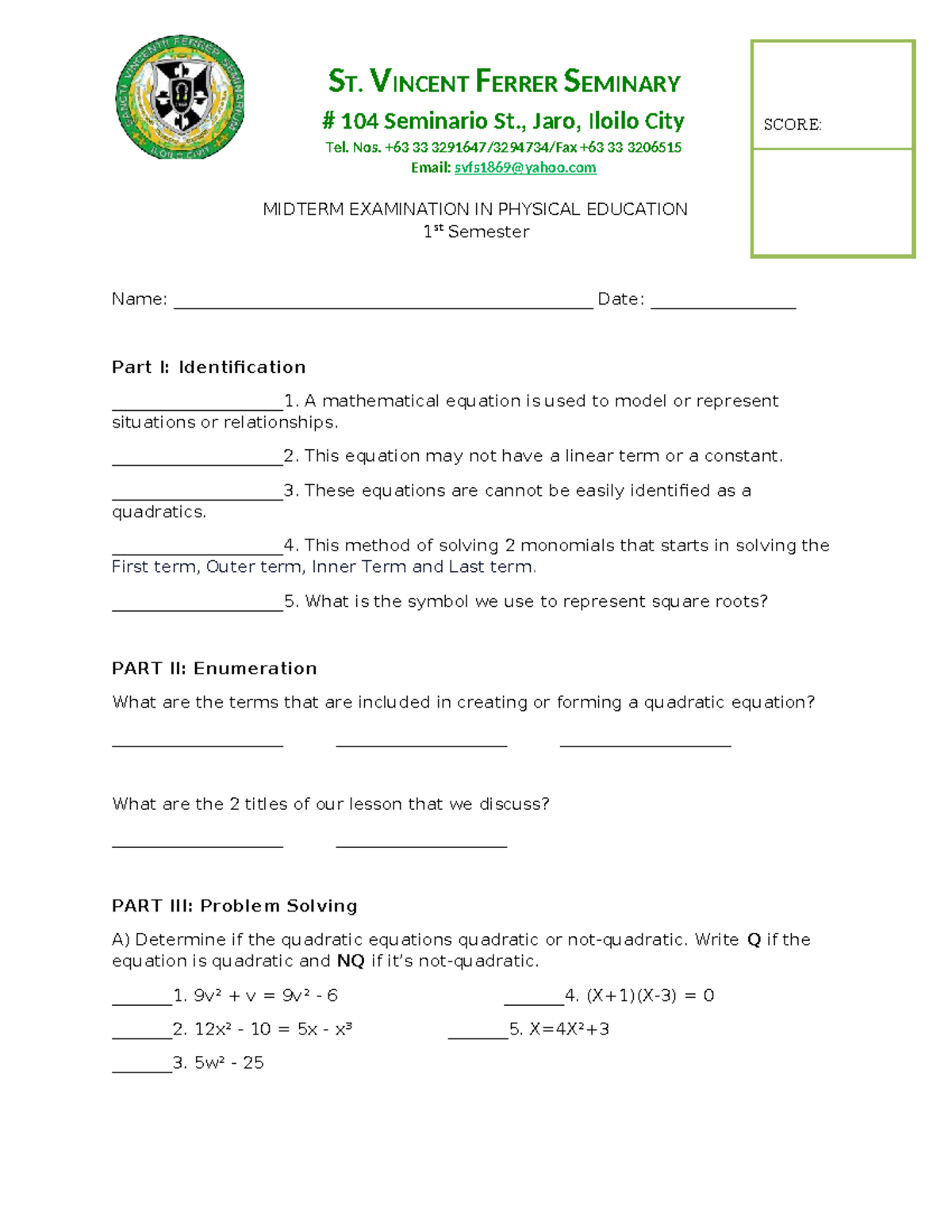 Midterm Exam in Mathematics (Grade 9) - Quadratic Equations - Studocu