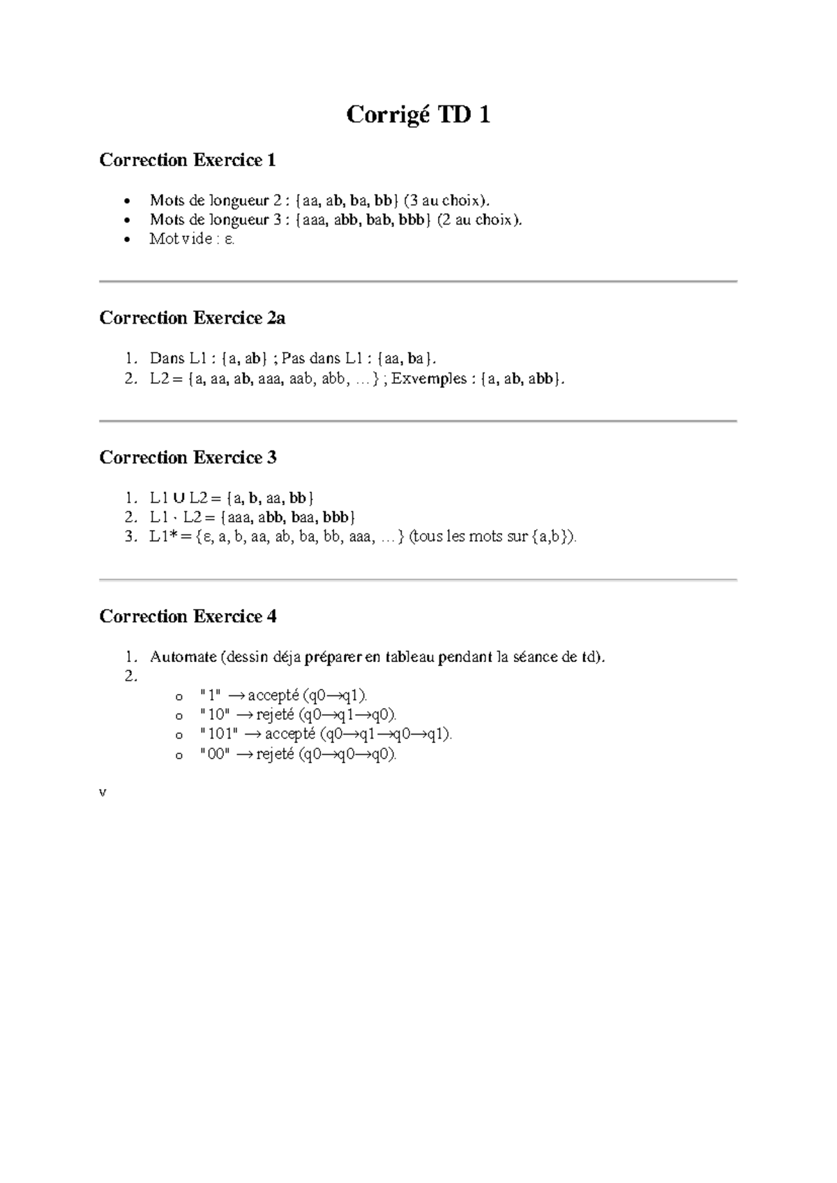 Correction td 1 Automate - Corrigé TD 1 Correction Exercice 1 • Mots de ...