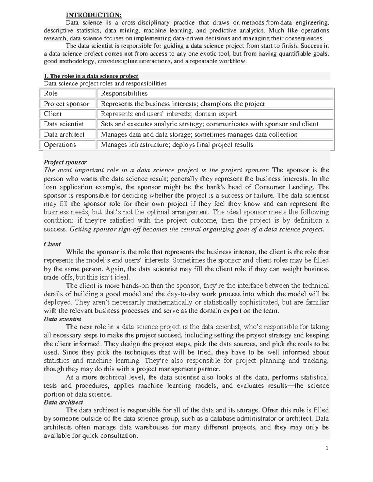 Data Science Project Roles and Stages: Handout-1 Notes - Studocu