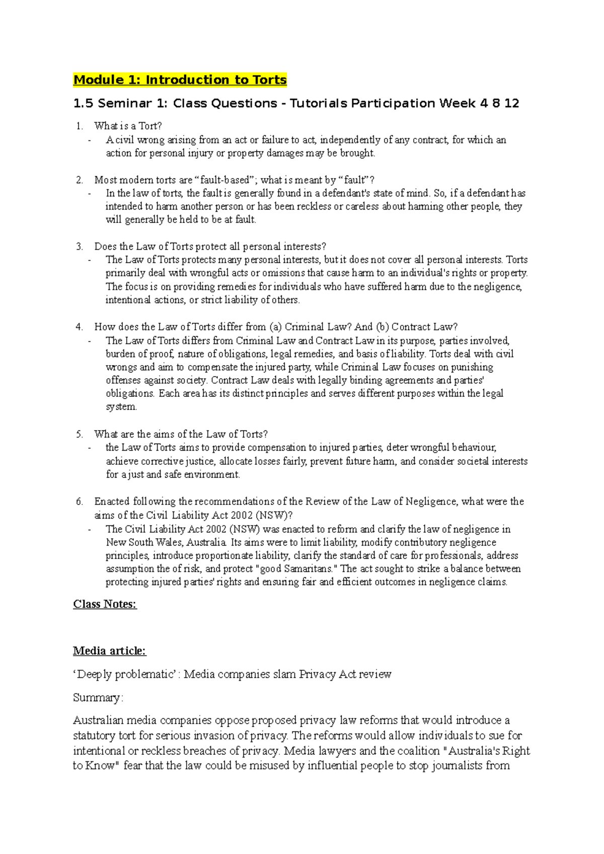 Torts Law Notes (LAW101) - Key Concepts & Case Analysis - Studocu