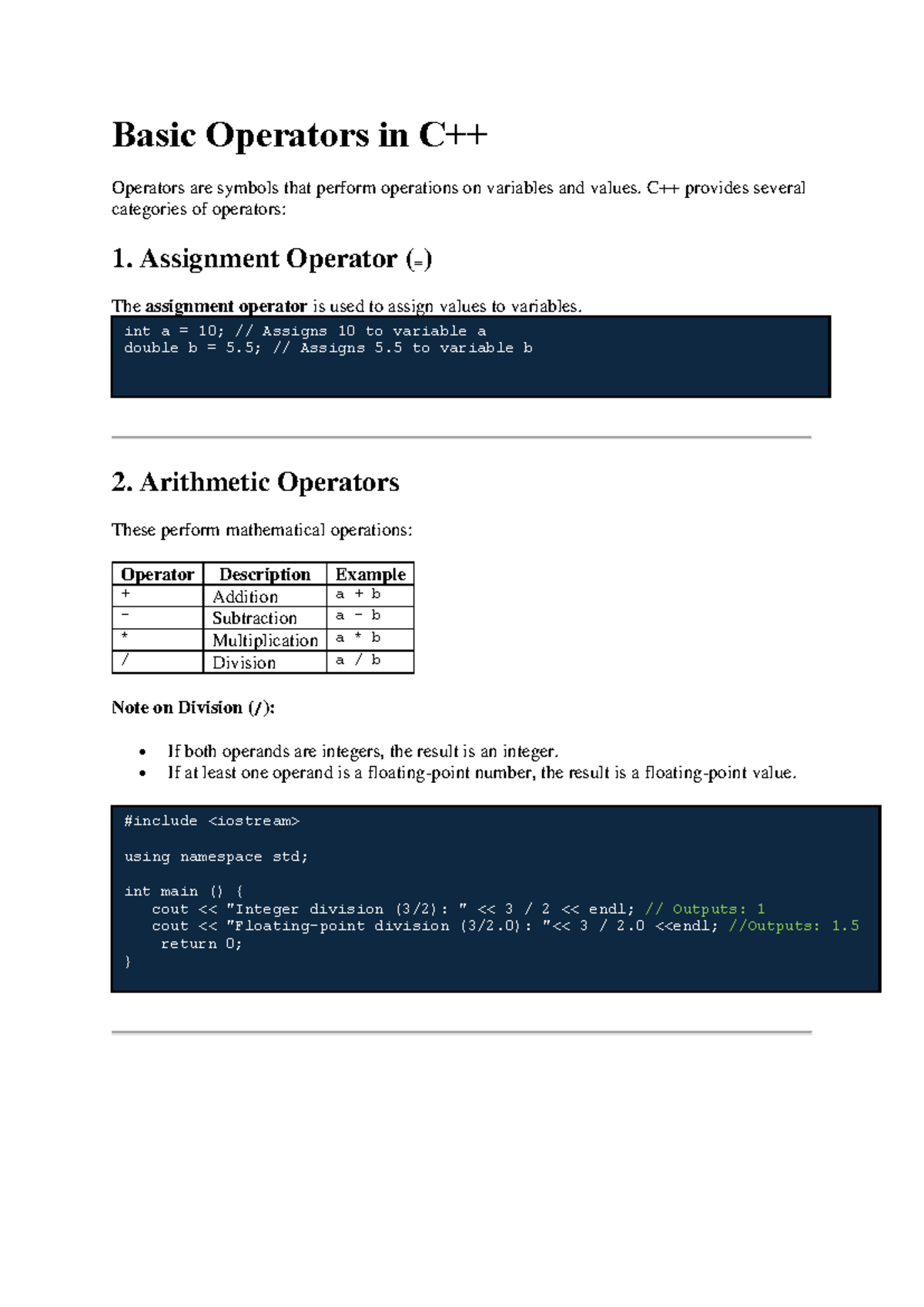 Basic Operators in C++ - Lecture Notes on Operator Types - Studocu