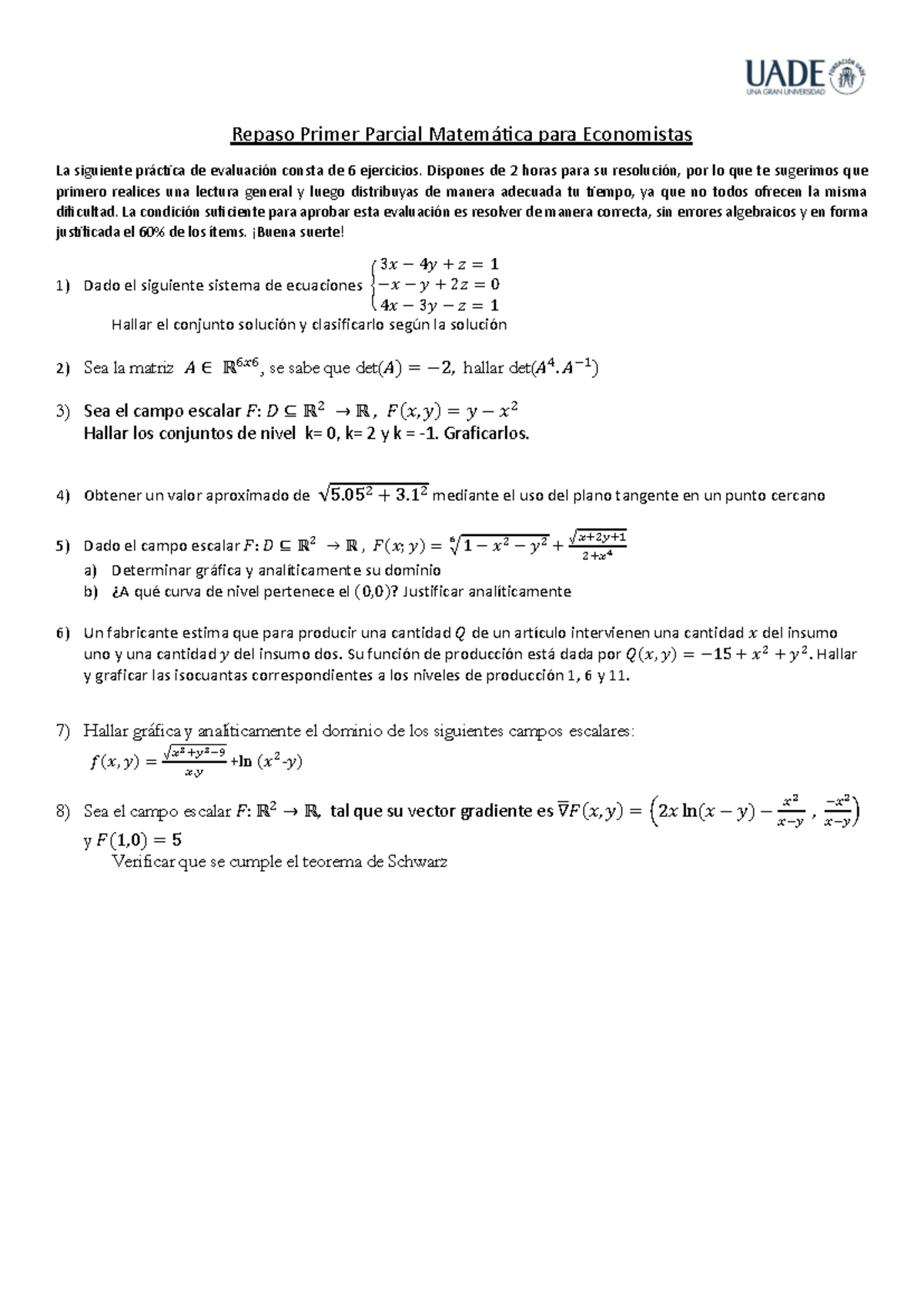 Repaso Parcial 1 - Ejercicios de Matemática para Economistas - Studocu
