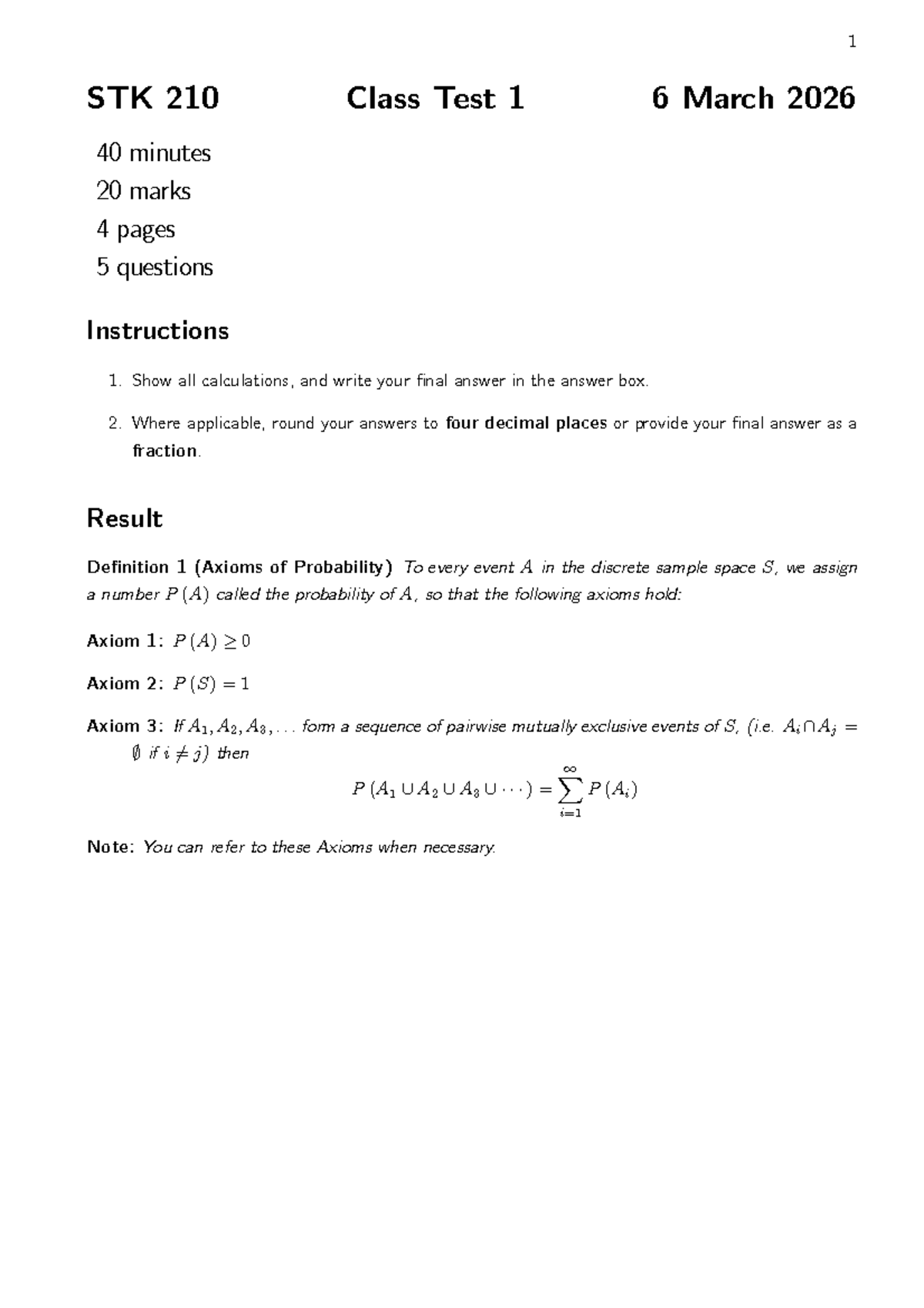 STK 210 Class Test 1 - Probability and Combinatorics Questions - Studocu