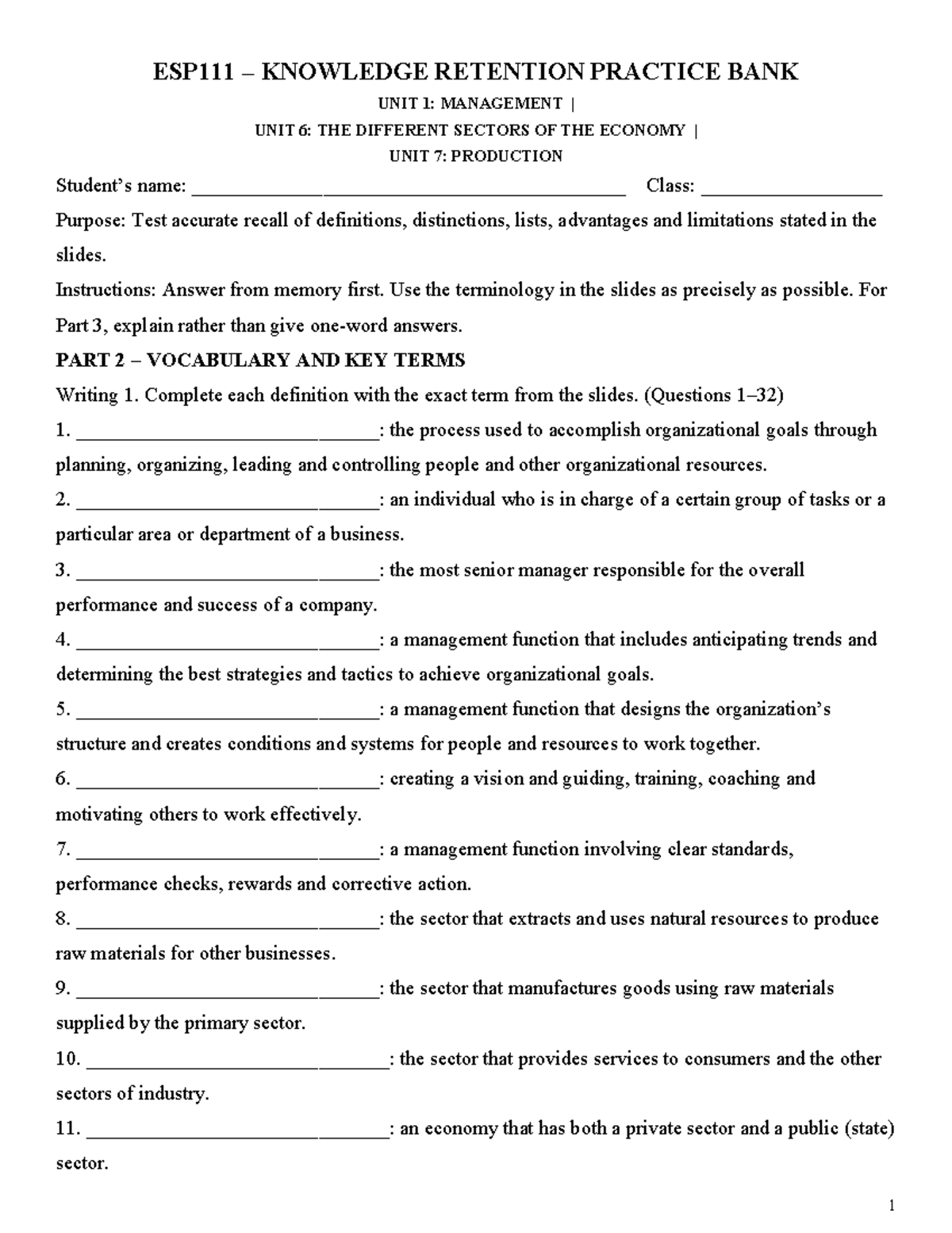ESP111 Question Bank: Units 1, 6, and 7 - Management & Production - Studocu