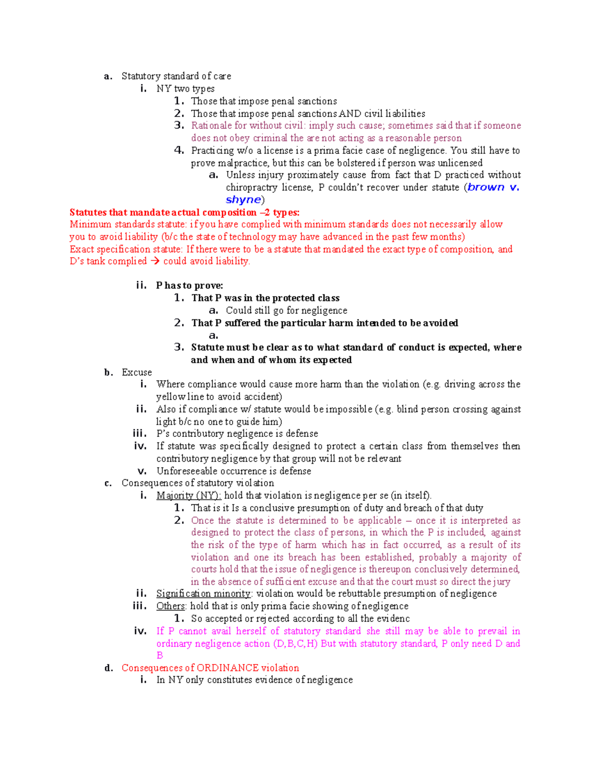 Torts Law Outline - Professor Small - a. Statutory standard of care i ...