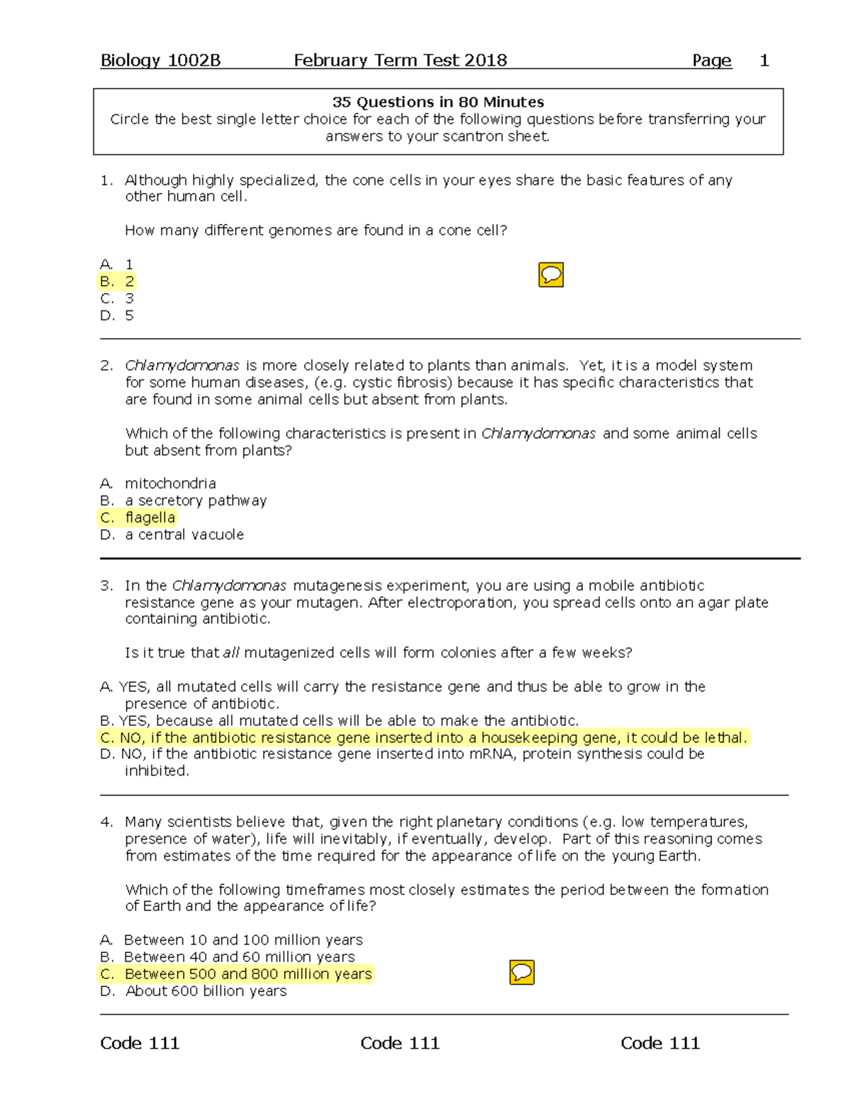 Midterm Exam Answers for Biology 101 - February 2018 - Studocu